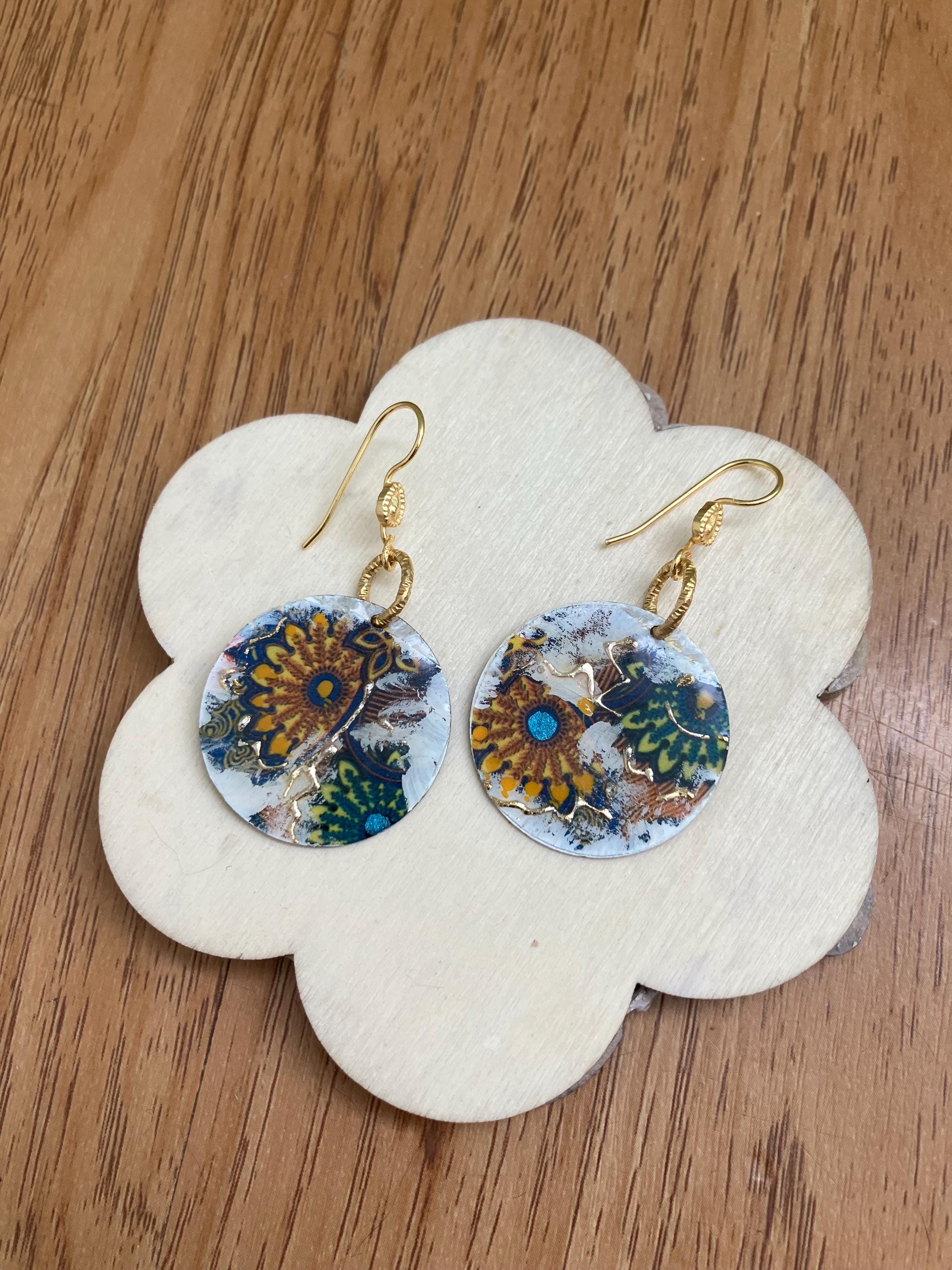 Boucles, boucles rondes, laiton émaillé d art, boucles vert et jaune