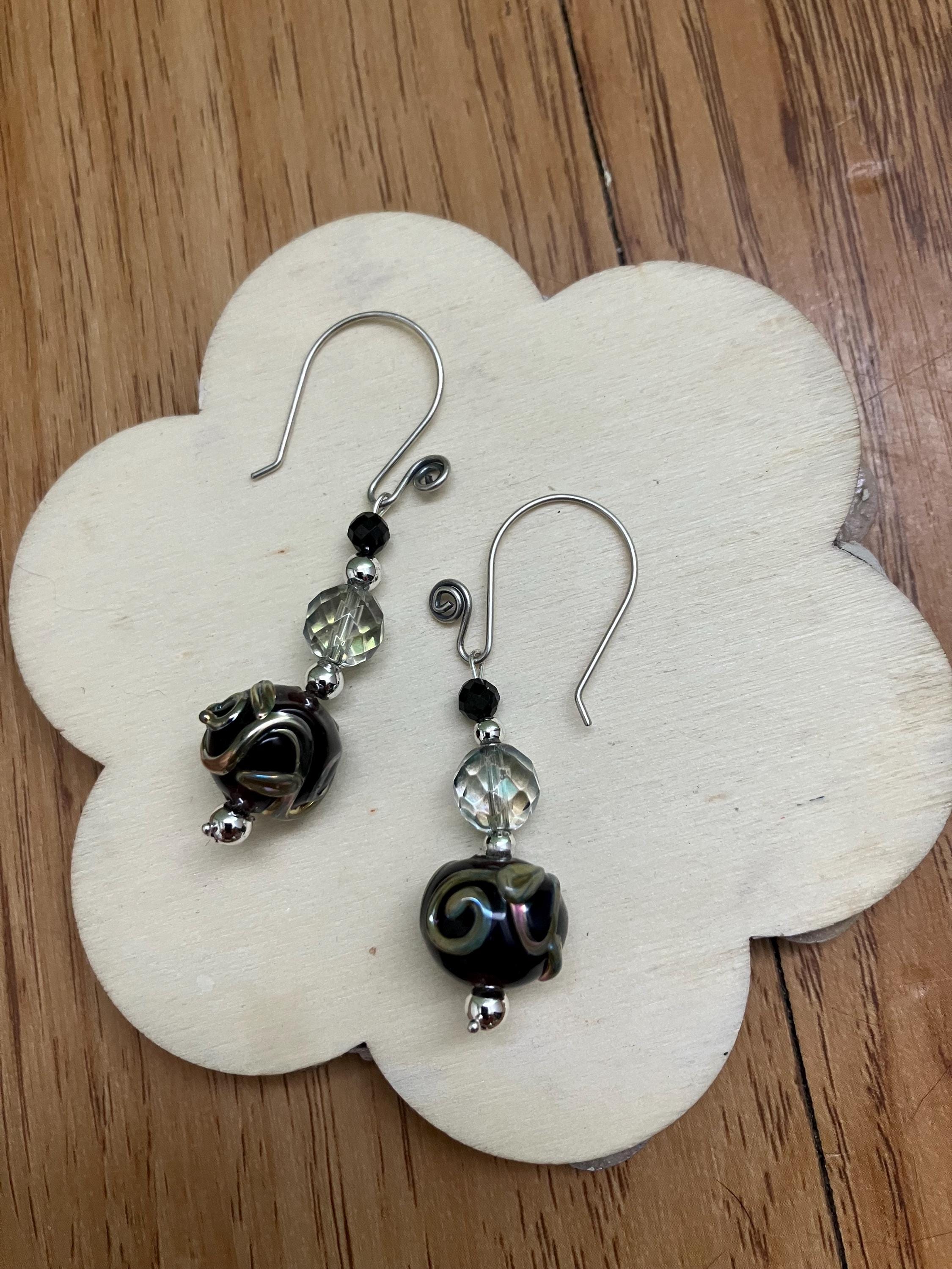 Boucles, Boucles semi précieuse, onyx, cristal de quartz , verre filé d art, argent 925 oxyde