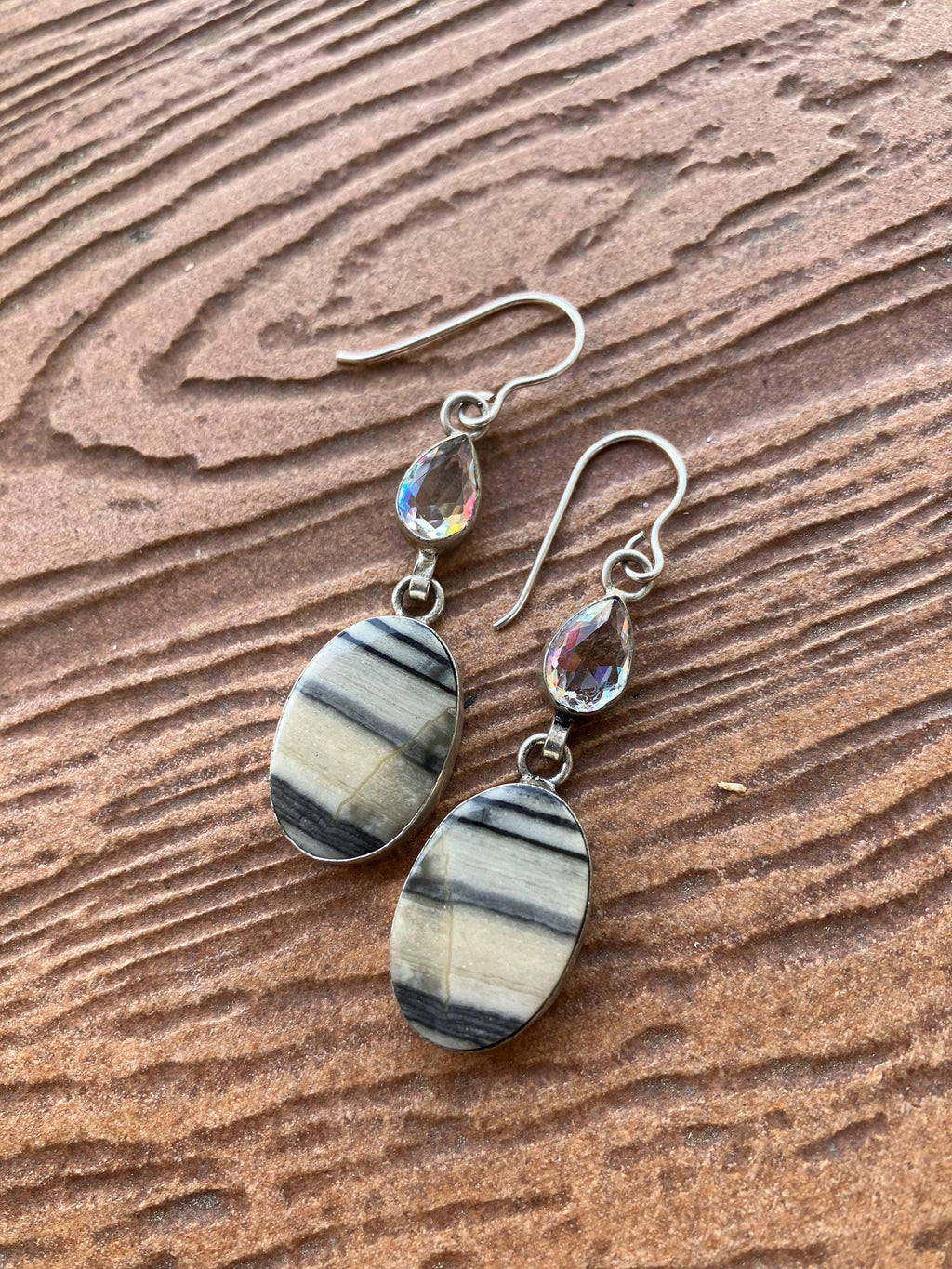 boucles pendantes en jaspe zébré,cristal et argent 925