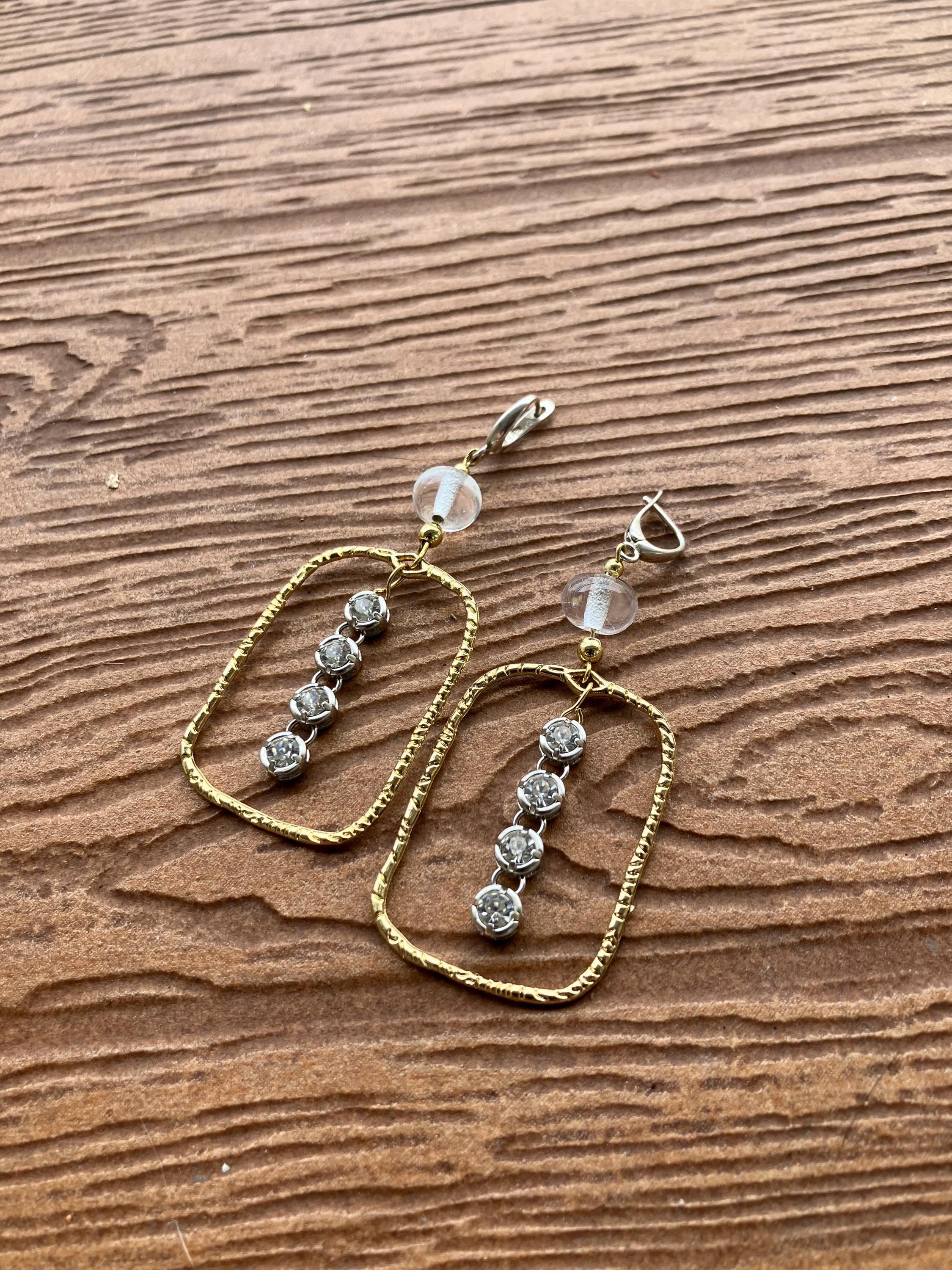 boucles pendantes rectangulaires tendance argent 925, verre filé d art, plaqué or et alliage placage or