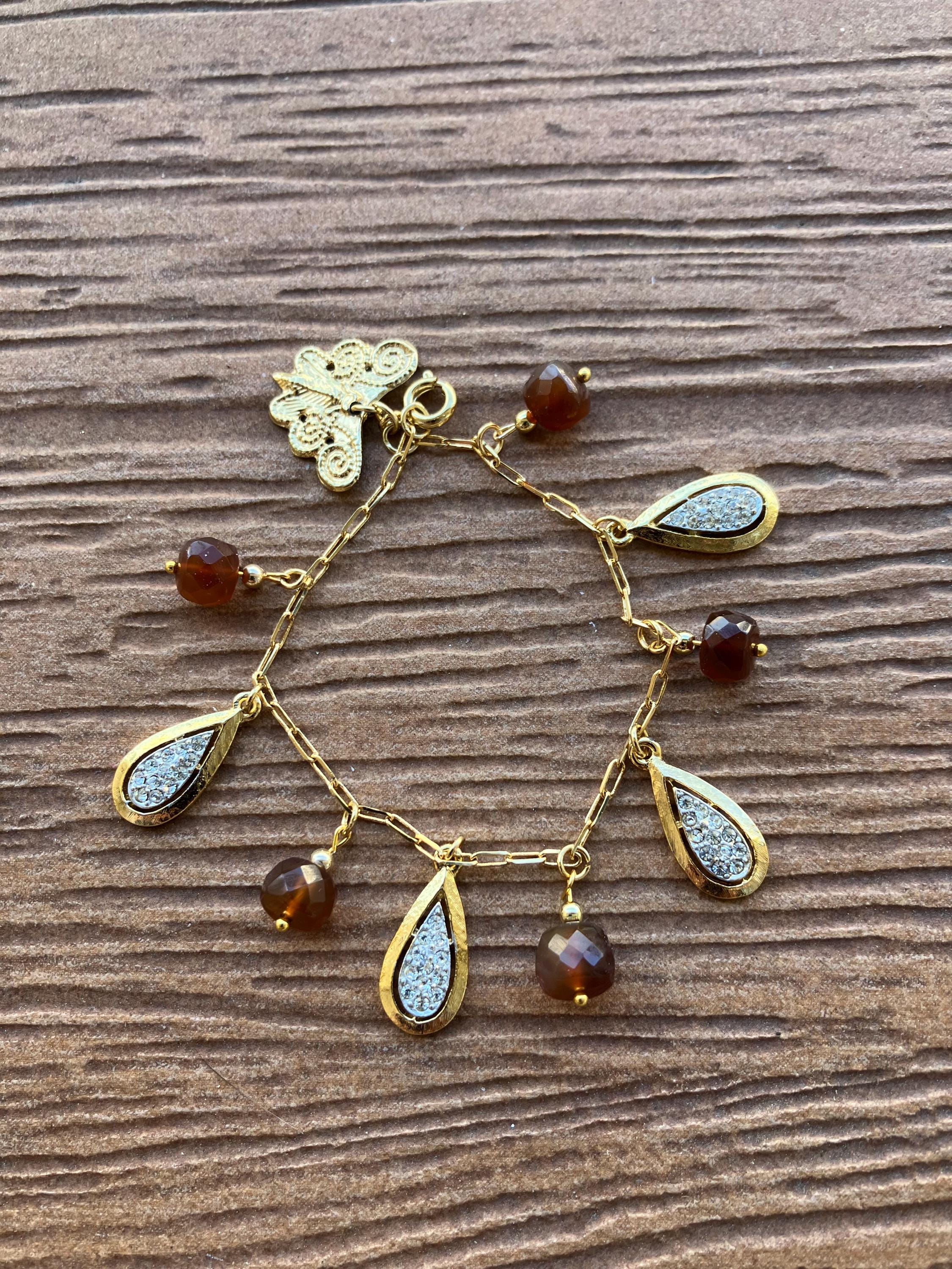 Bracelet chaîne pampilles plaqué or vintage avec semi précieuse cornaline facettée