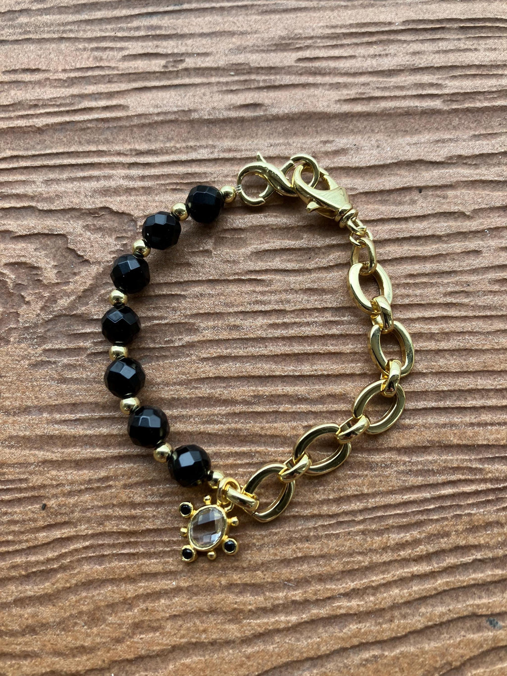 bracelet bi matière maille plaqué or et semi précieuse onyx noir facette