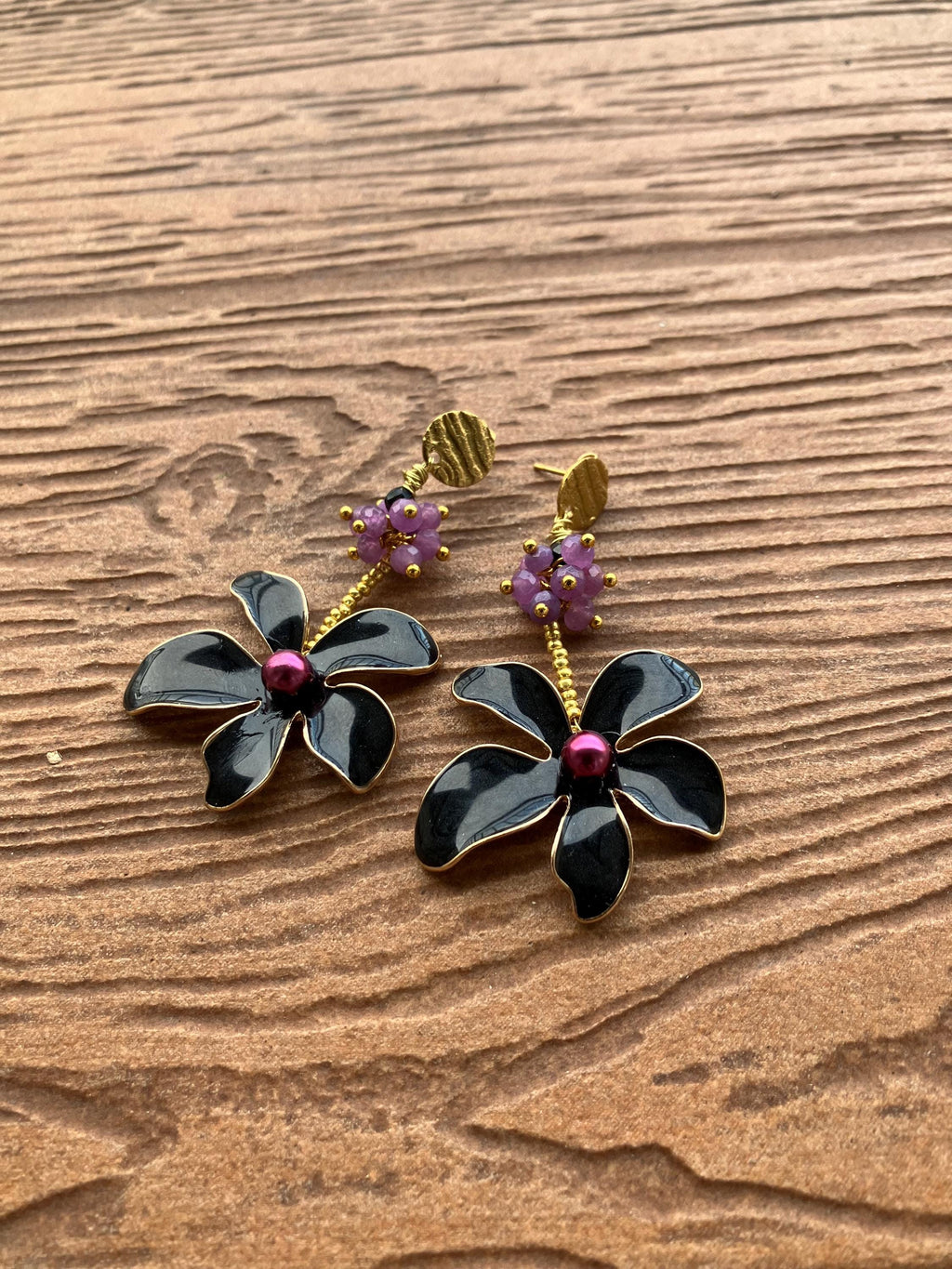 grandes boucles d oreille fleur en acier inoxydable, émail et semi précieuse facette