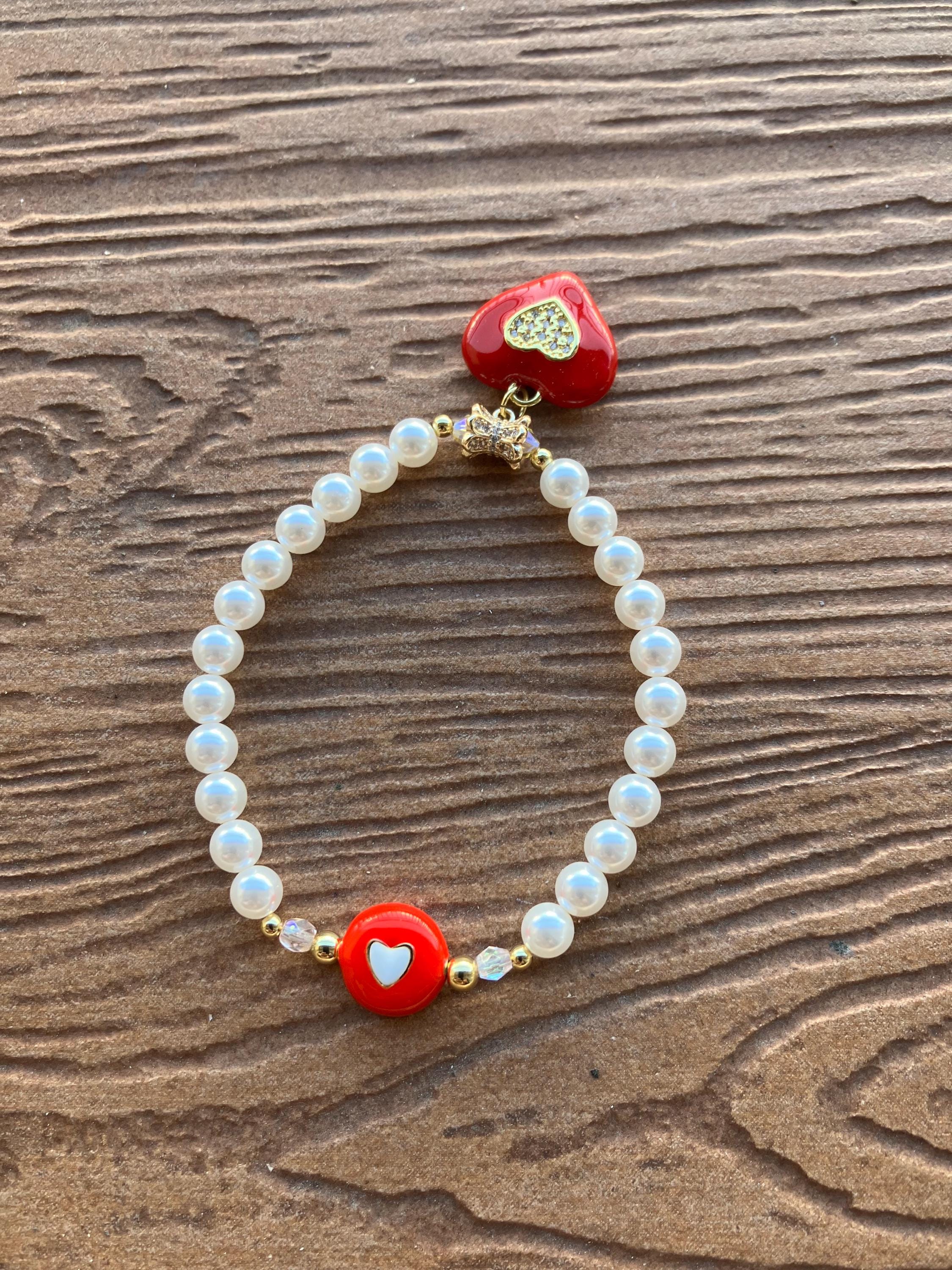 bracelet amour en perles de nacre Swarovski, aurifie et céramique émaillée