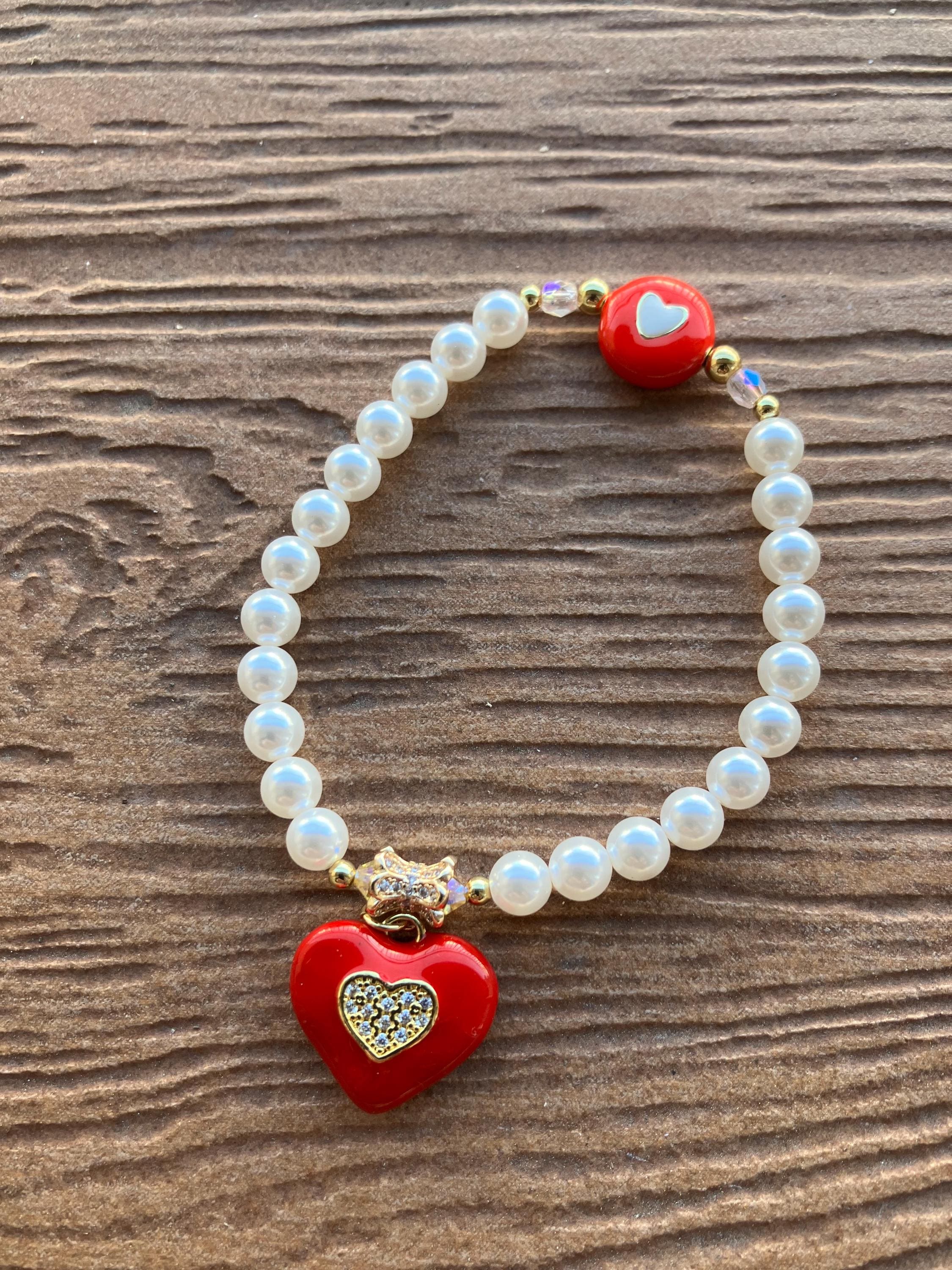 bracelet amour en perles de nacre Swarovski, aurifie et céramique émaillée