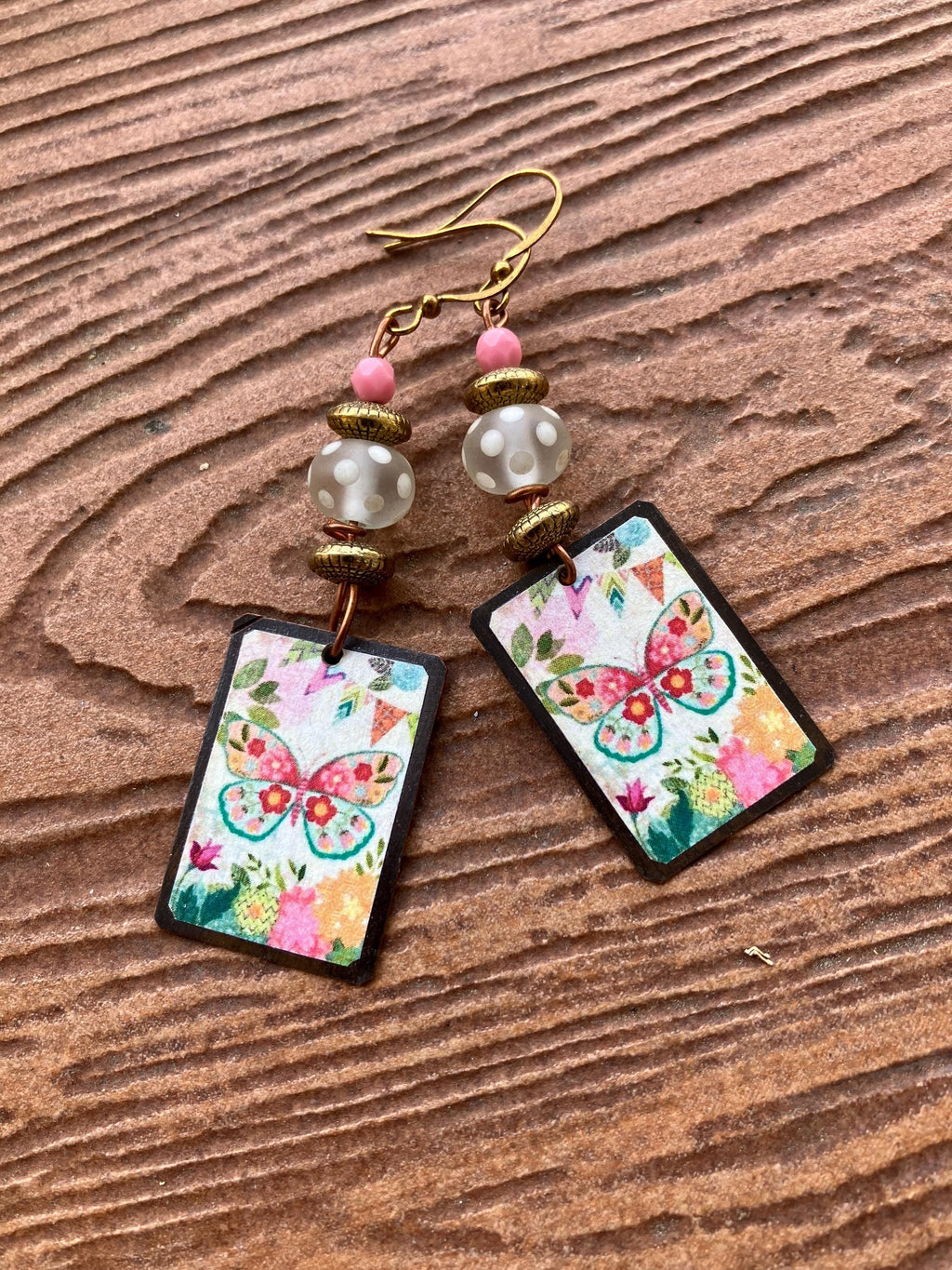 Boucles, boucles vintage, papillon, verre filé, laiton peint