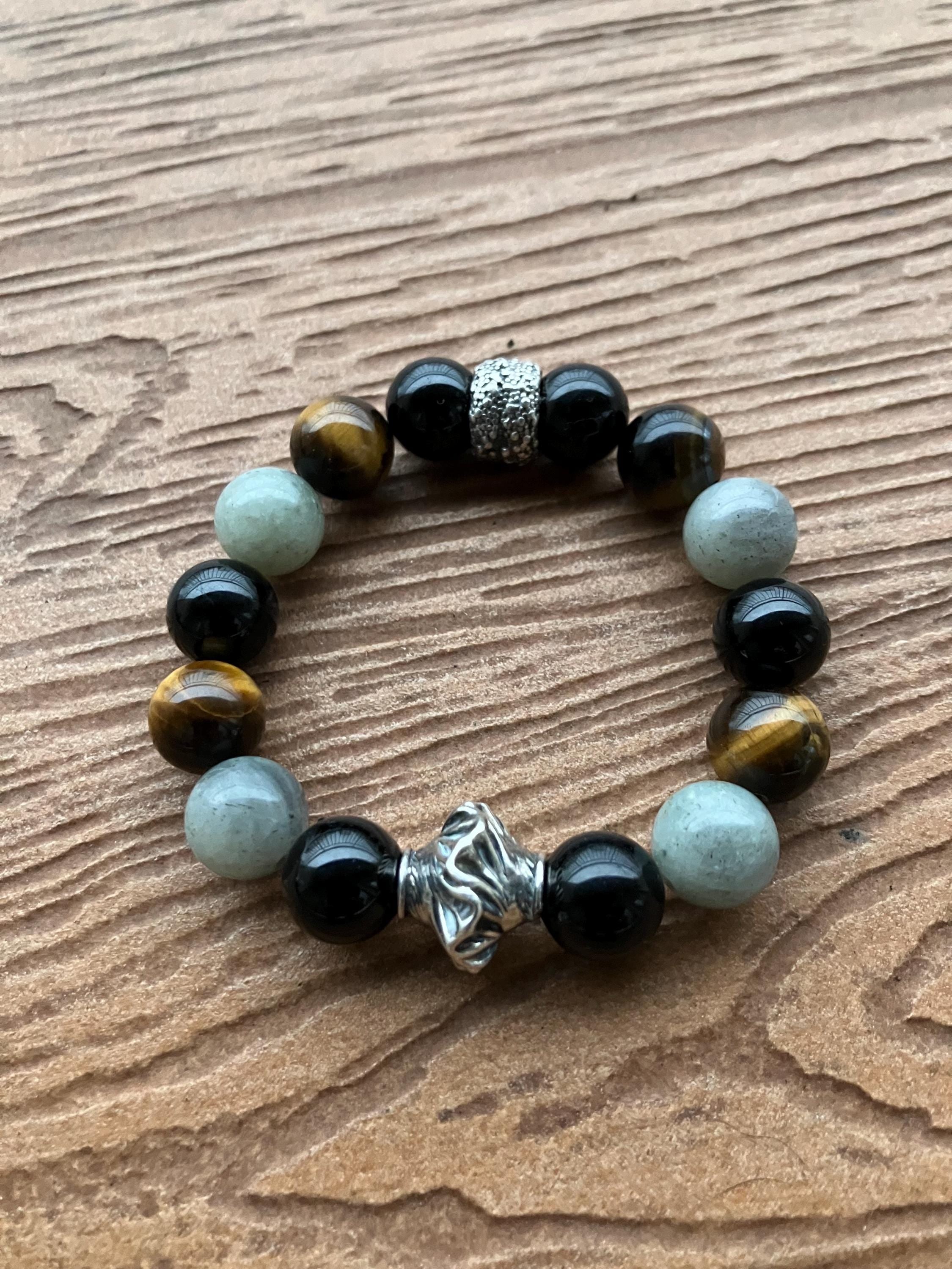 bracelet original semi précieuse en labradorite brute, onyx brillant et œil de tigre