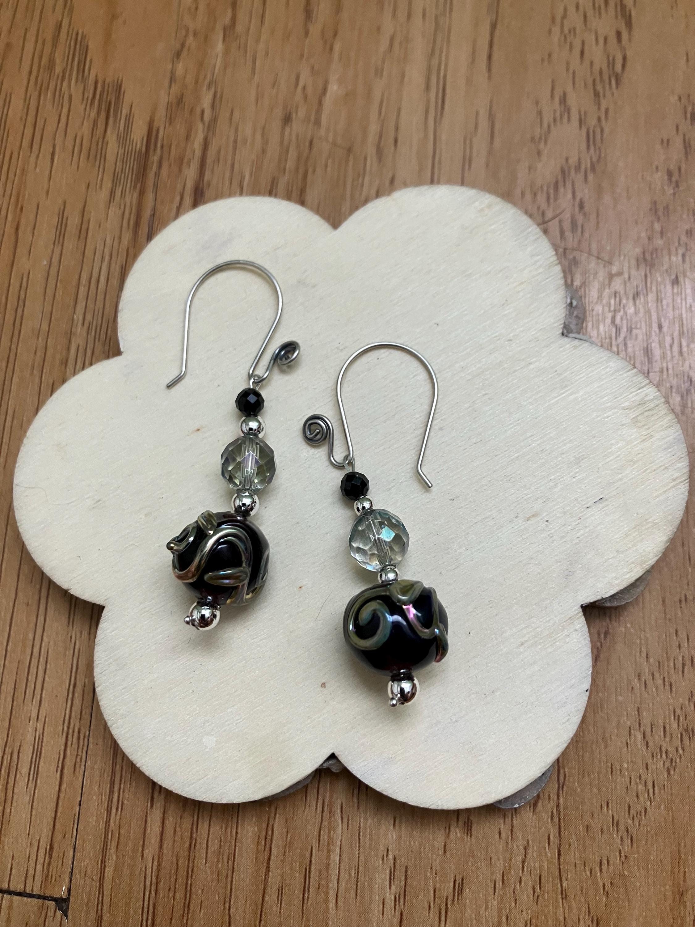 Boucles, Boucles semi précieuse, onyx, cristal de quartz , verre filé d art, argent 925 oxyde