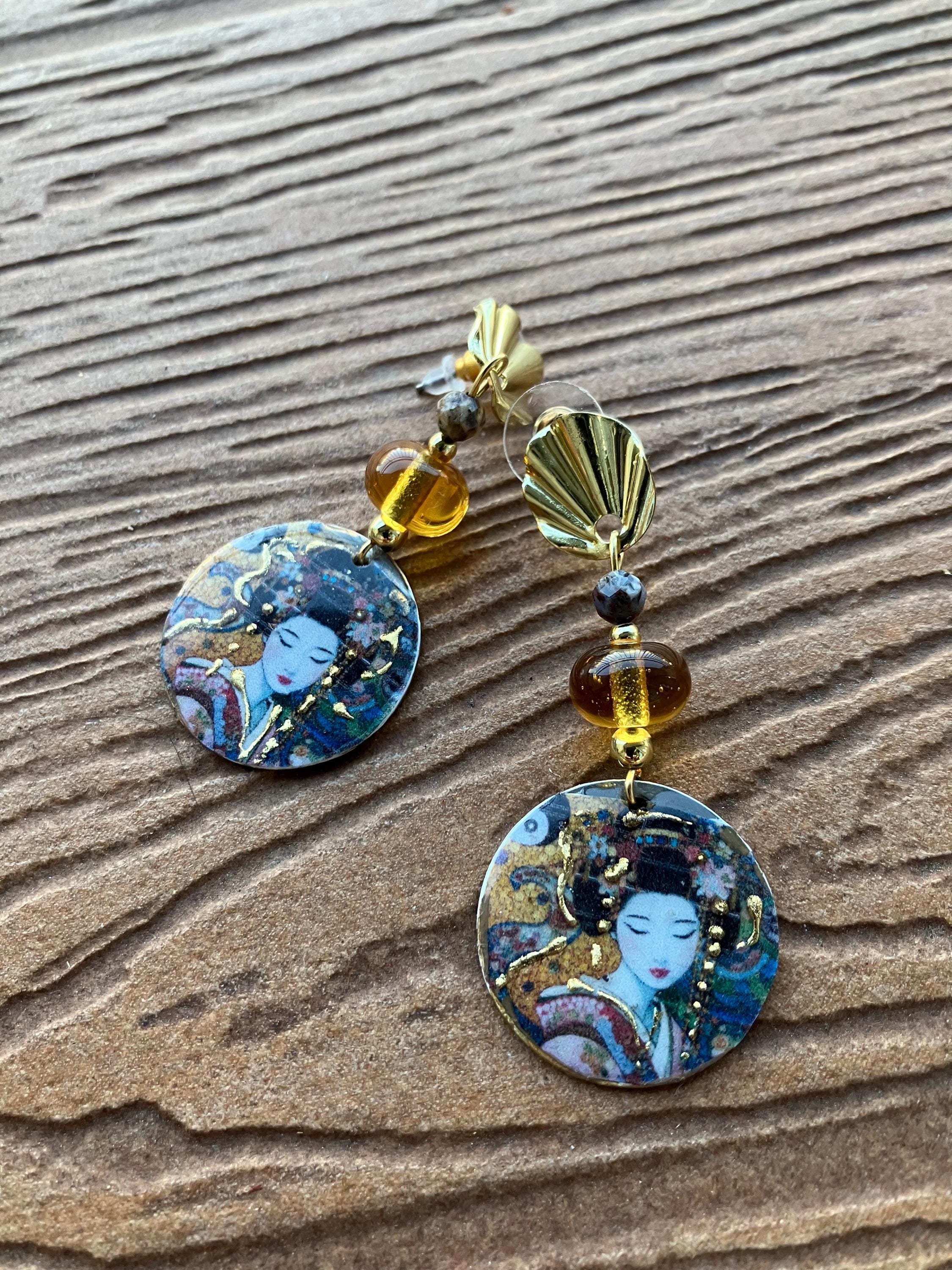 boucles japonisantes bohème chic marron et jaune, naelatelier