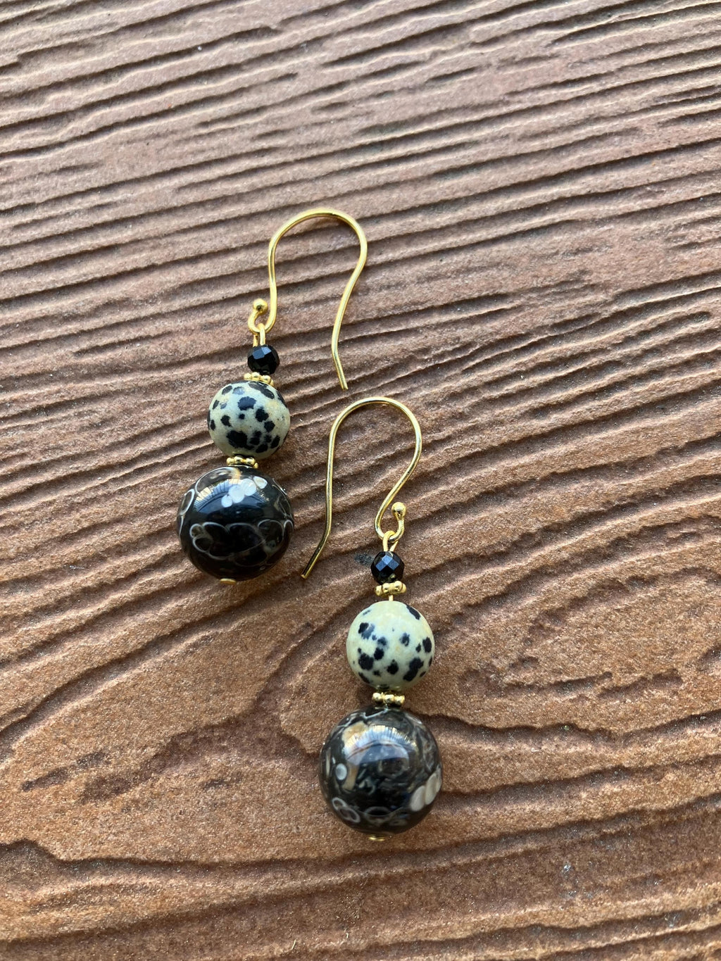 boucles semi précieuse, boucles en jaspe dalmatien, obsidienne flocon de neige café, boucles ethniques