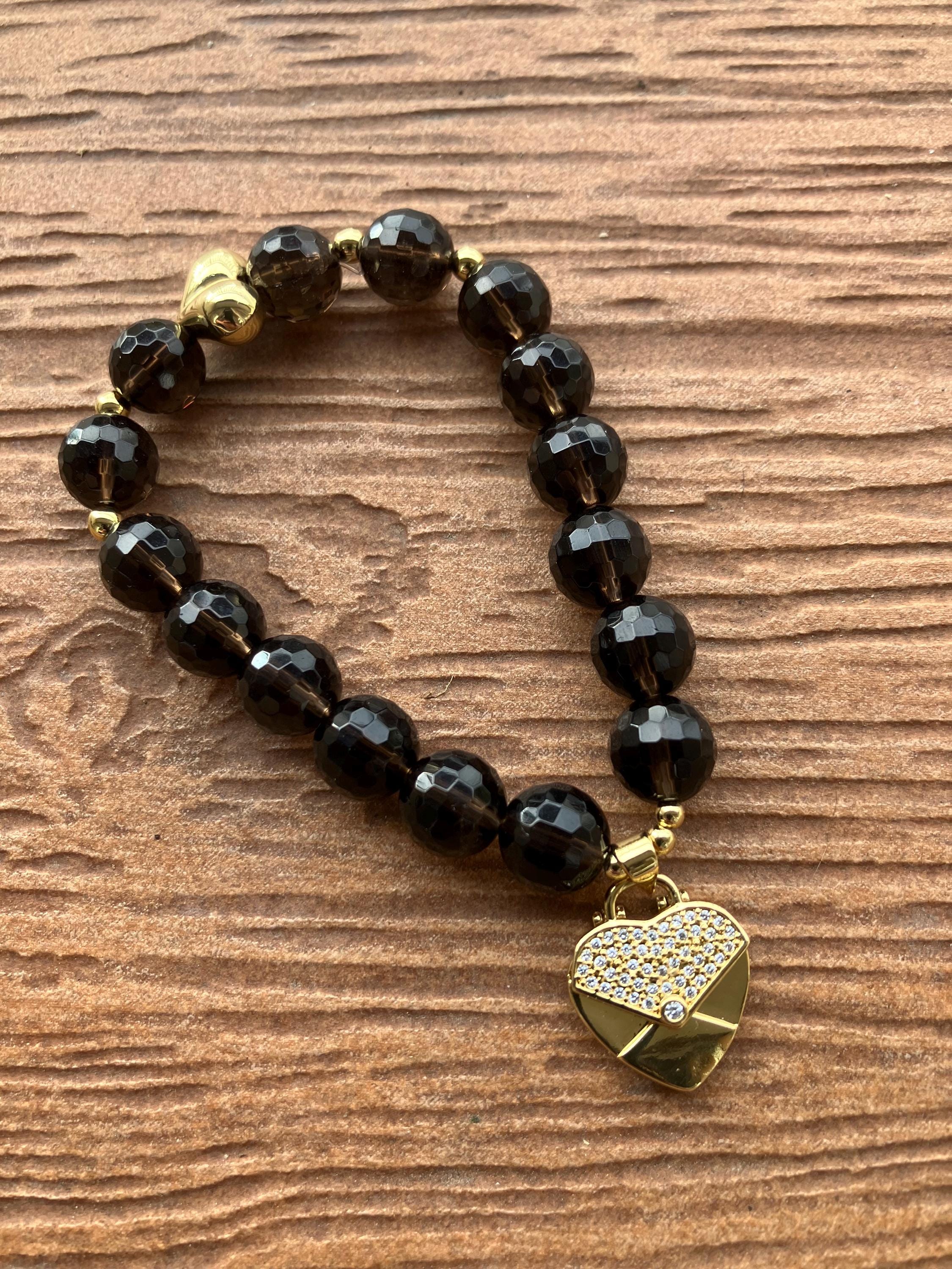 bracelet chic cœur aurifie de perles semi précieuse en quartz fume facettée