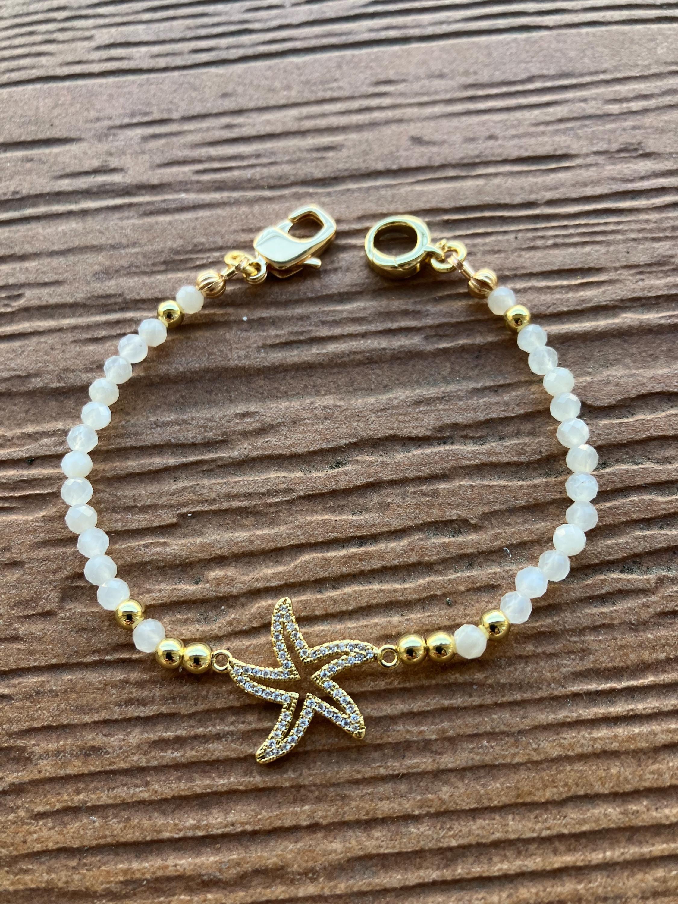 Bracelet chic minimaliste de semi précieuse pierres de lune et plaqué or 18k 3/5 microns avec connecteur étoile plaqué or 18k 3 microns