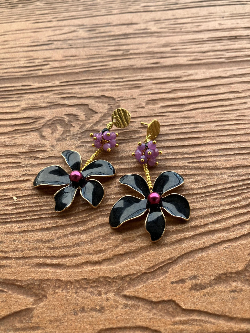 grandes boucles d oreille fleur en acier inoxydable, émail et semi précieuse facette