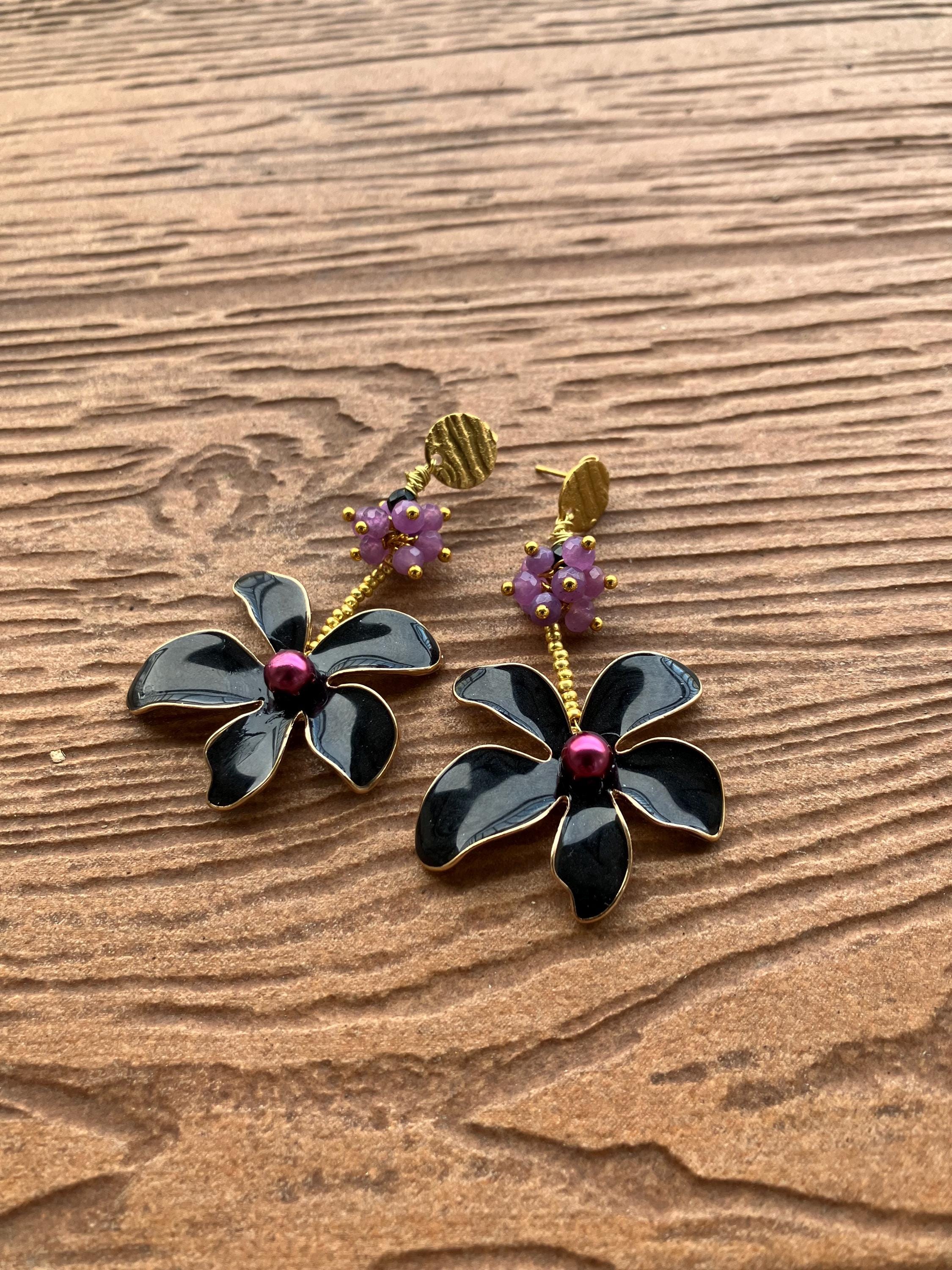 grandes boucles d oreille fleur en acier inoxydable, émail et semi précieuse facette