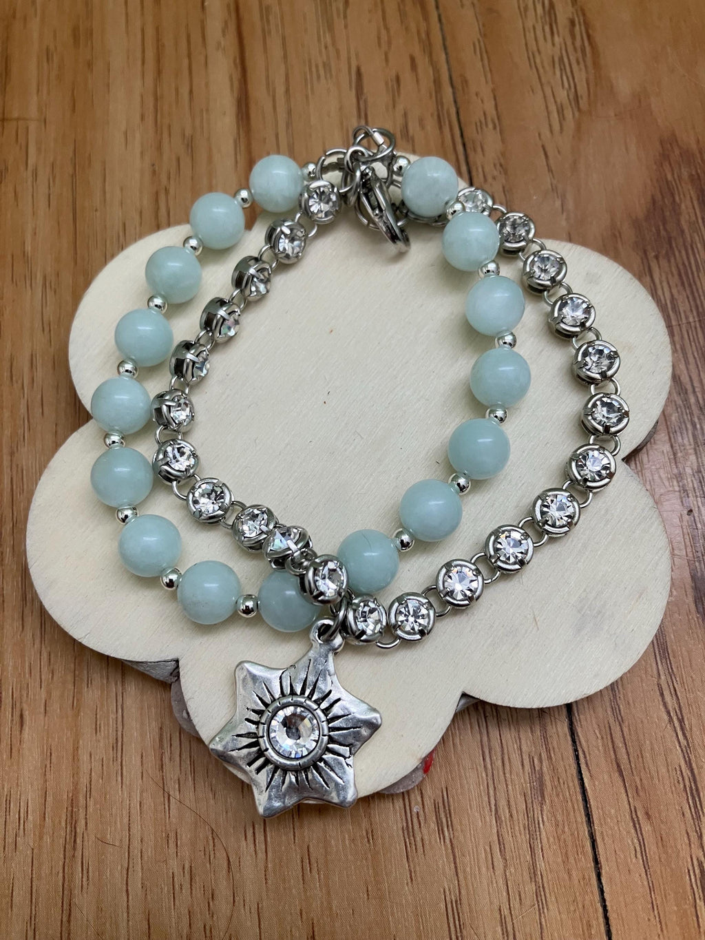 Bracelet semi precieuse, bracelet angelite vert, bracelet chic, bracelet double rang strass, fête des mères