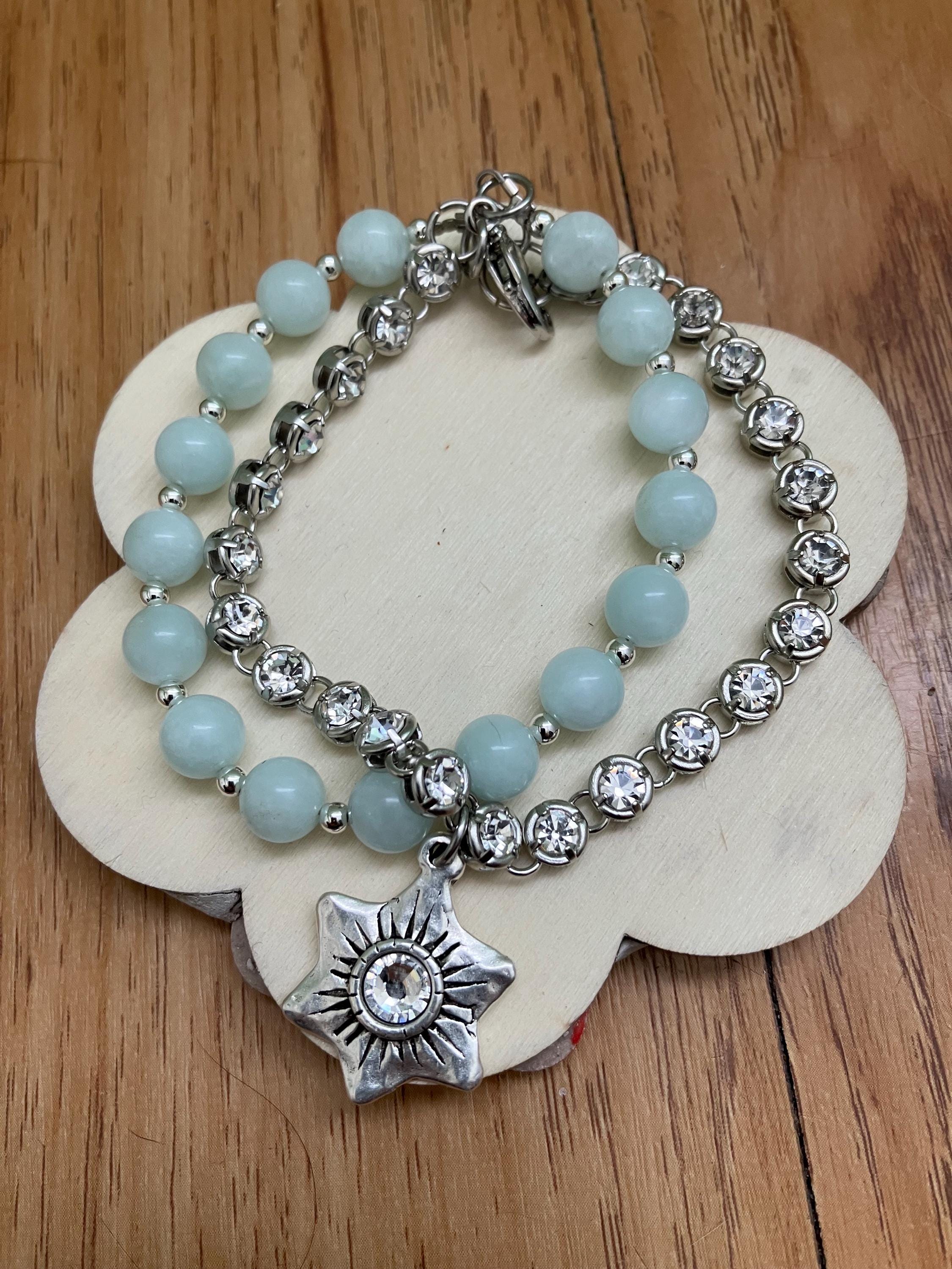 Bracelet semi precieuse, bracelet angelite vert, bracelet chic, bracelet double rang strass, fête des mères