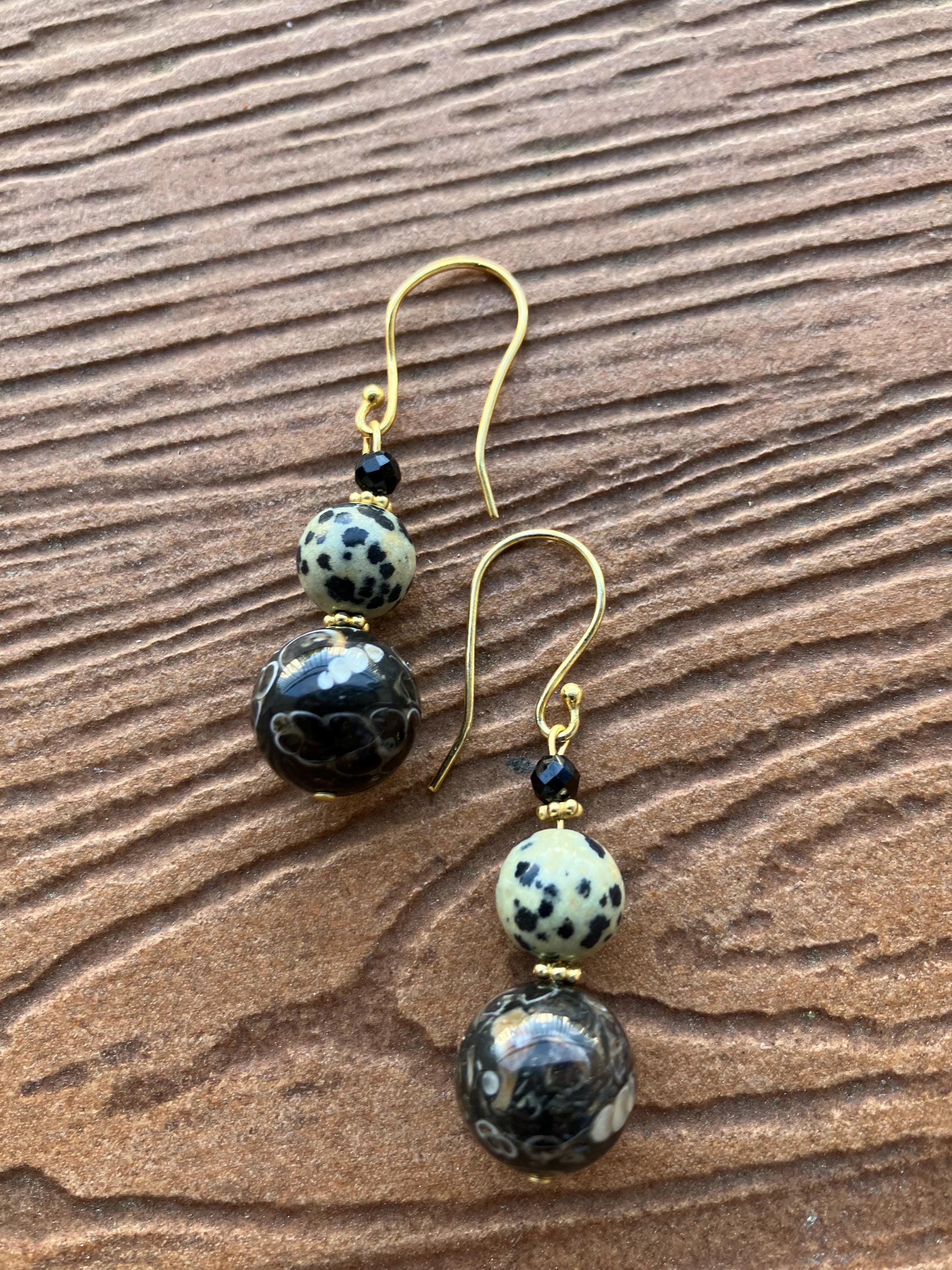 boucles semi précieuse, boucles en jaspe dalmatien, obsidienne flocon de neige café, boucles ethniques