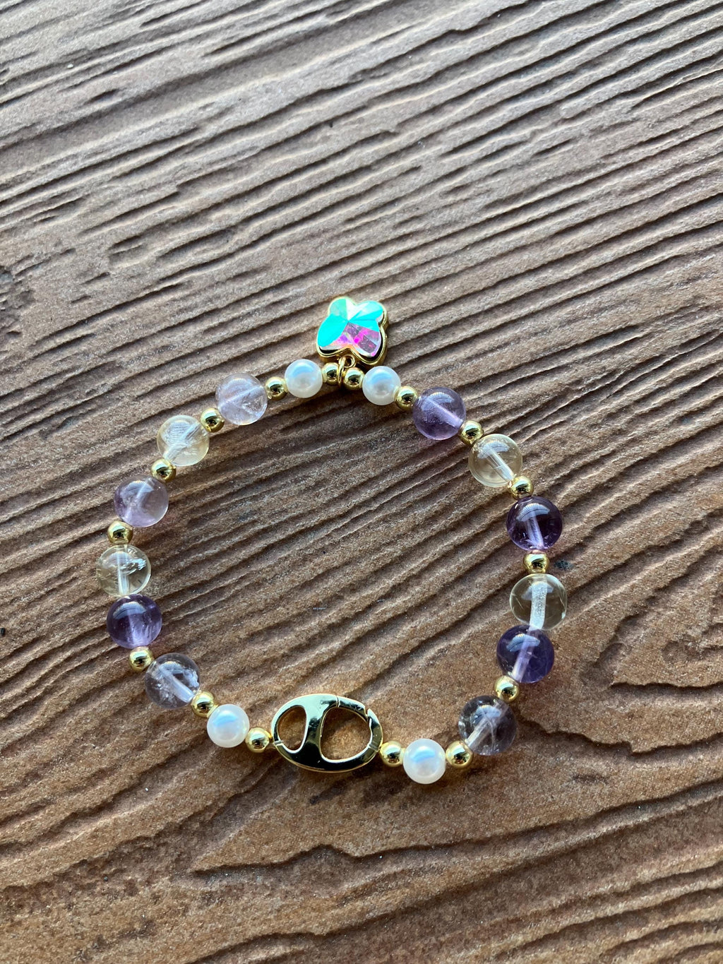 bracelet chic semi précieuse ametrine, plaqué or, cristal AB lustre plaqué or brillant