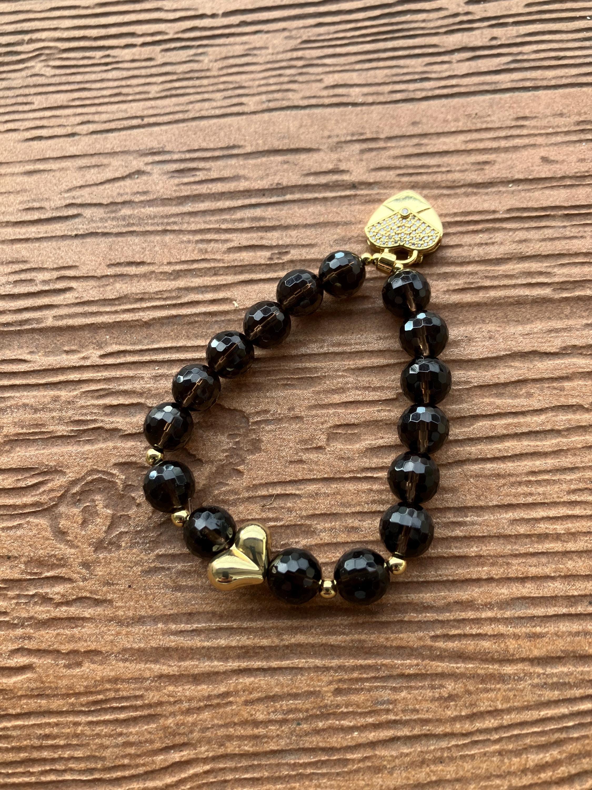bracelet chic cœur aurifie de perles semi précieuse en quartz fume facettée