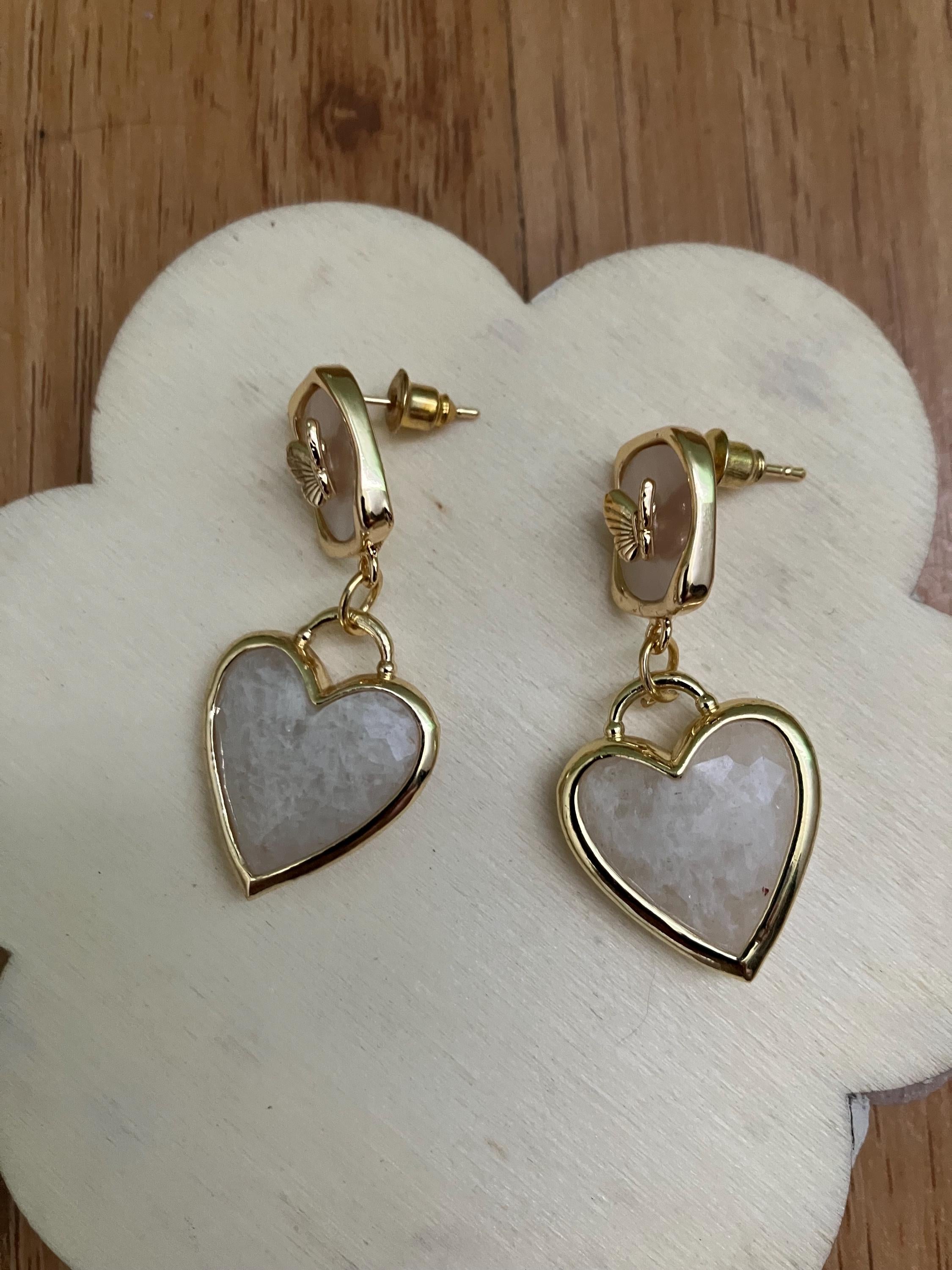 Boucles, boucles cœur, papillon, semi précieuse, pierre de lune, plaqué or 14k