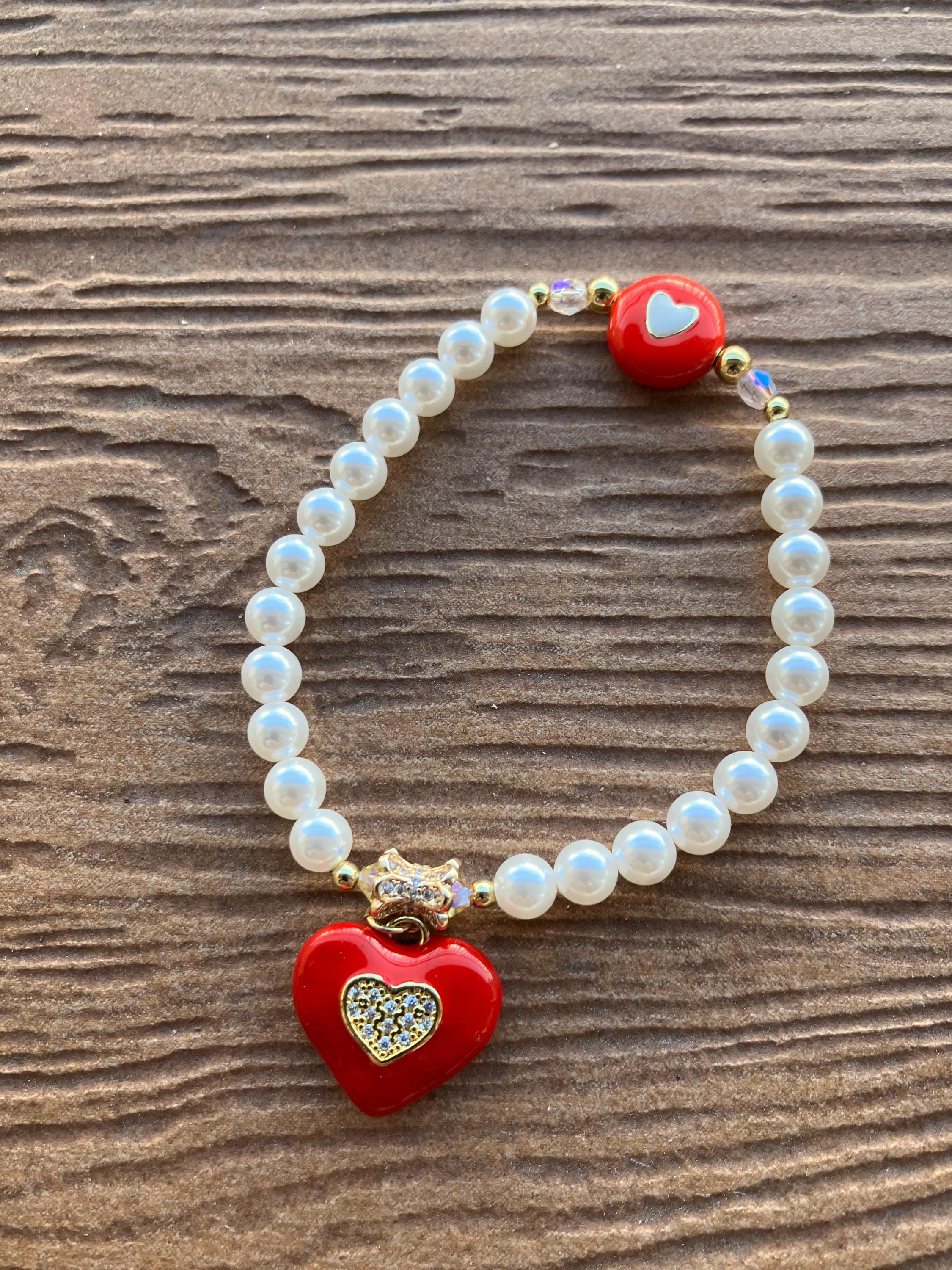 bracelet amour en perles de nacre Swarovski, aurifie et céramique émaillée