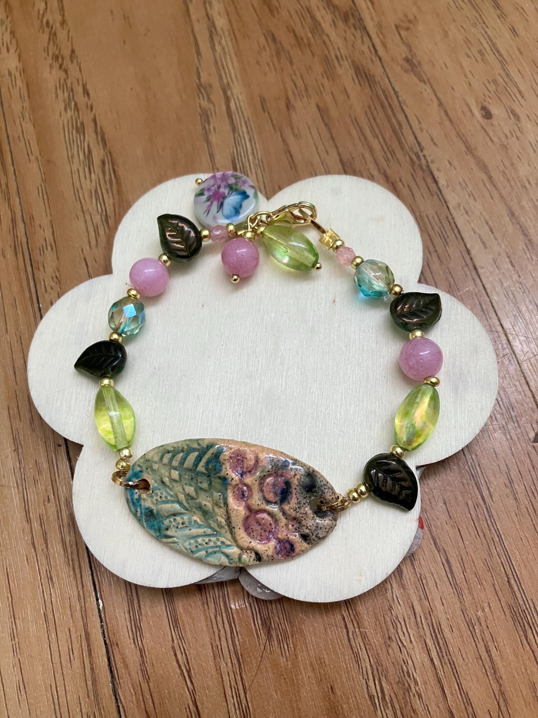 Bracelet, bracelet coloré été, céramique peint, quartz rose de Madagascar, verre tchèque