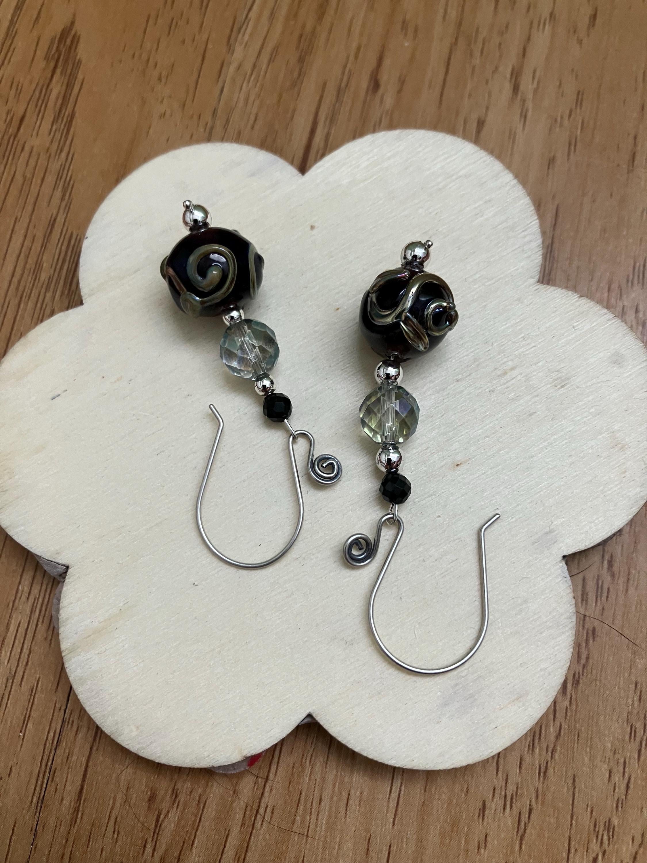 Boucles, Boucles semi précieuse, onyx, cristal de quartz , verre filé d art, argent 925 oxyde