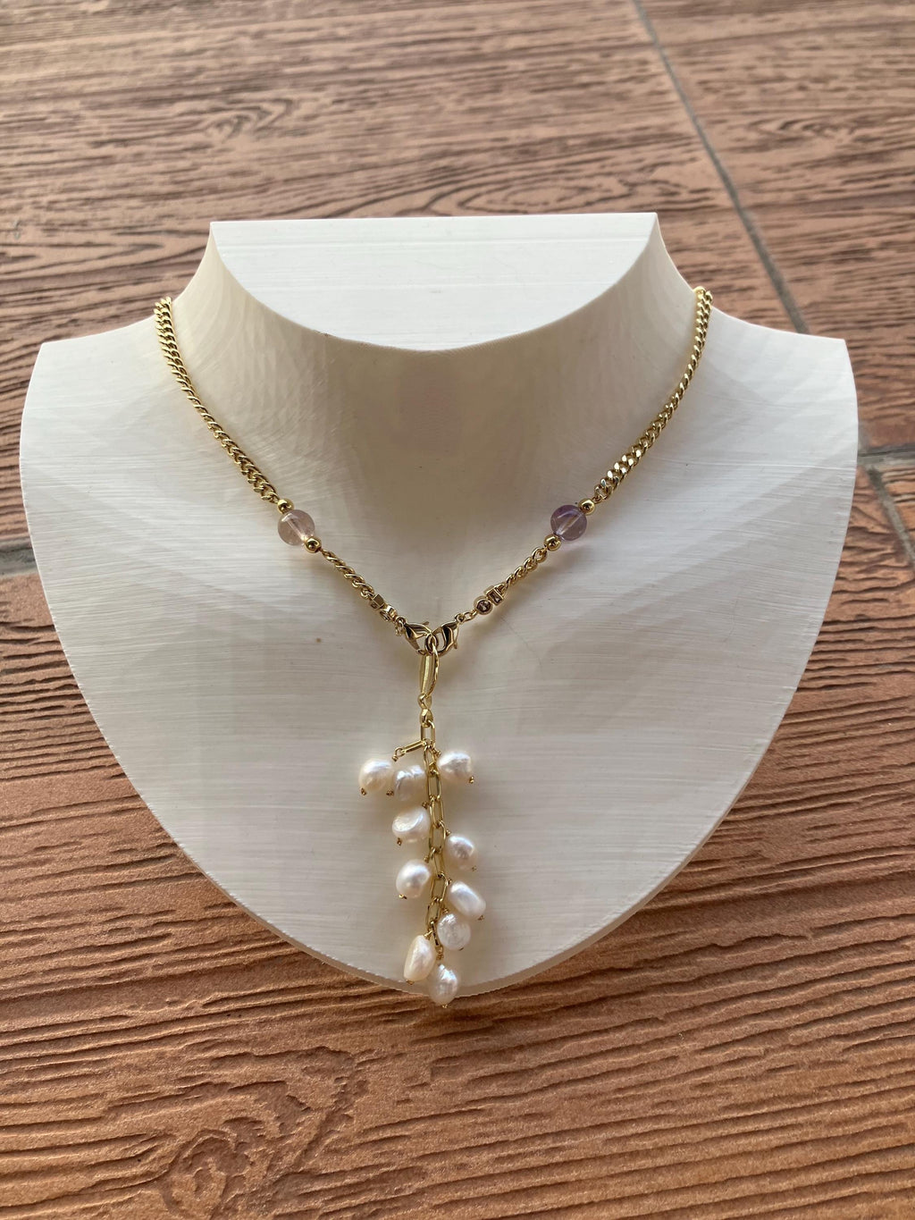 collier ras de cou pendentif grappe plaqué or, semi précieuse amétrine et perles naturelles d eau douce