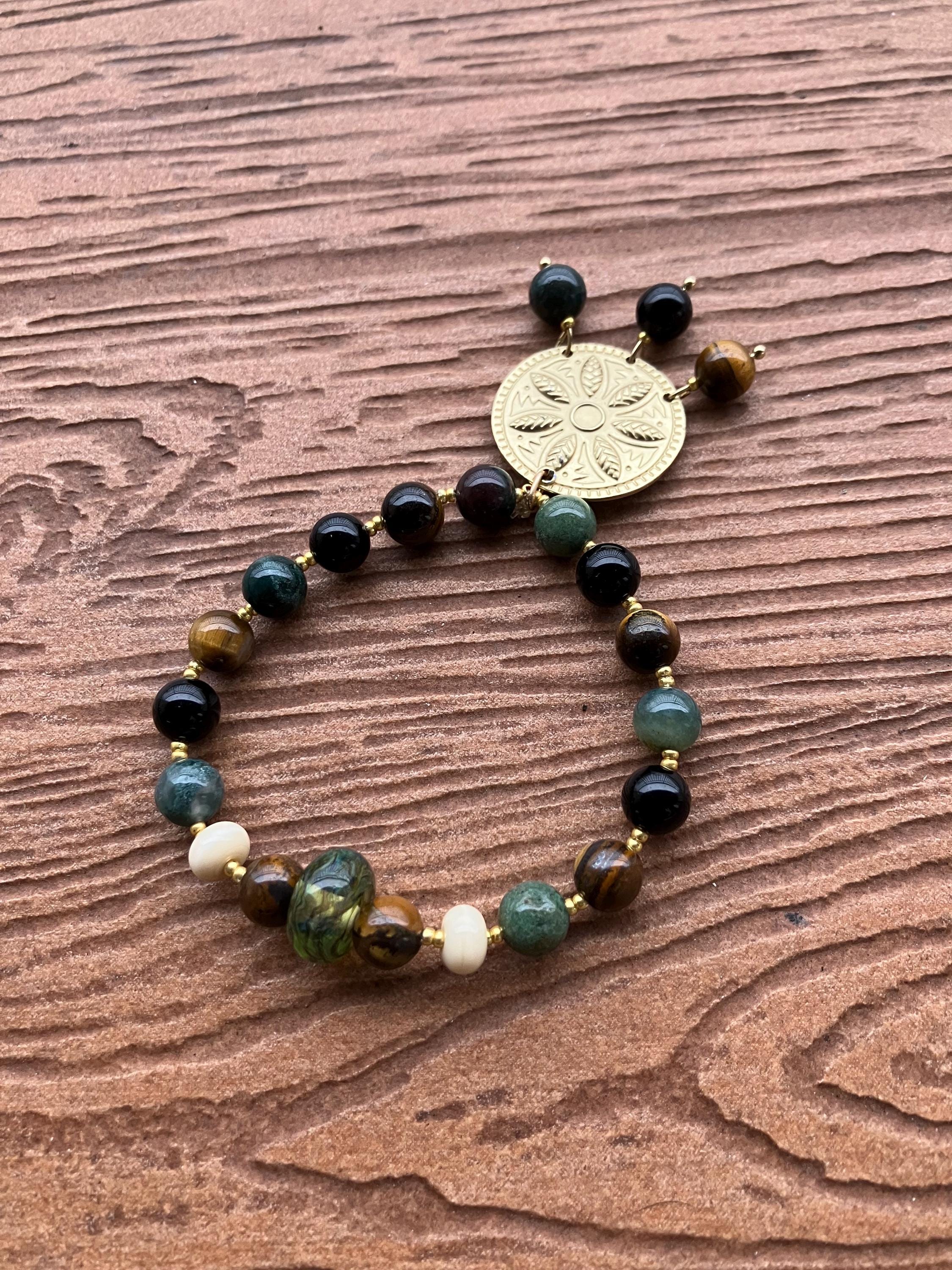 bracelet original perles semi précieuse onyx noir, œil de tigre, agate tibétaine