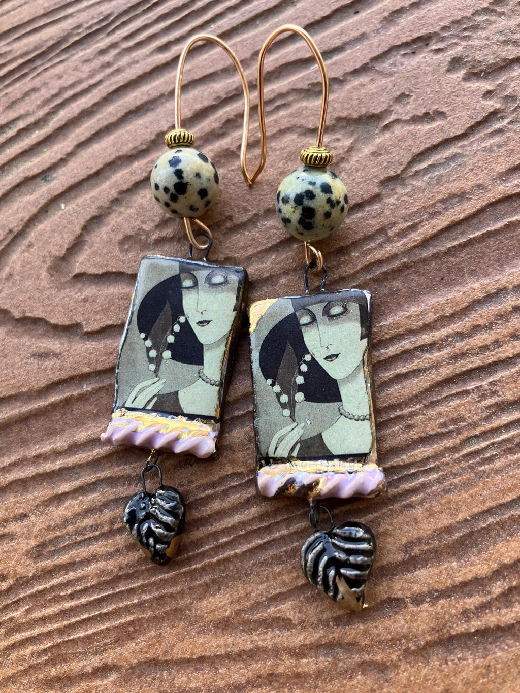 boucles vintage en céramique d art et jaspe dalmatien