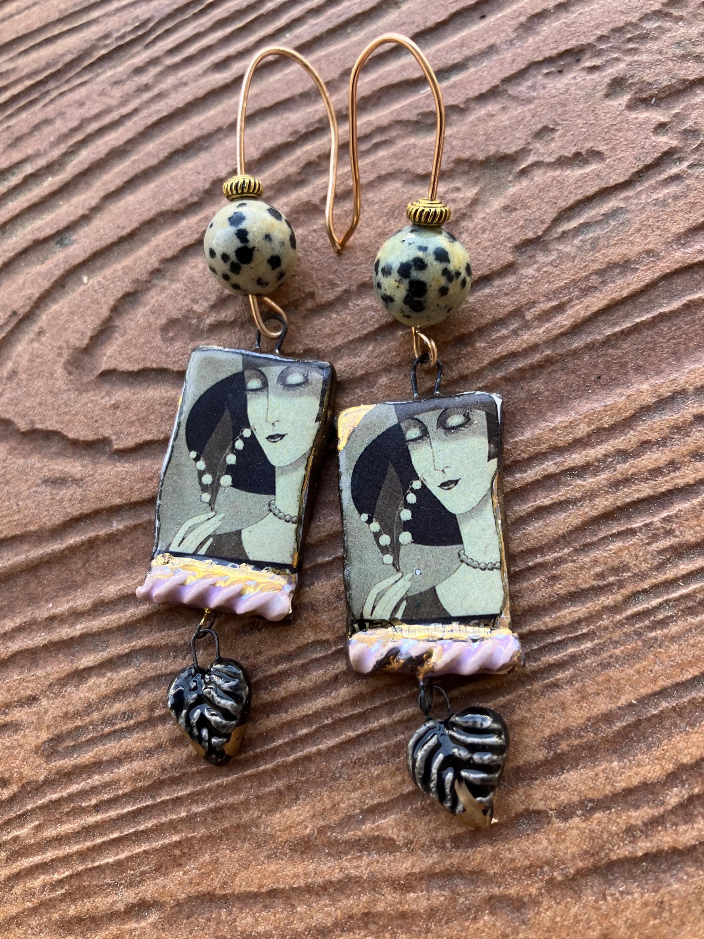 boucles vintage en céramique d art et jaspe dalmatien