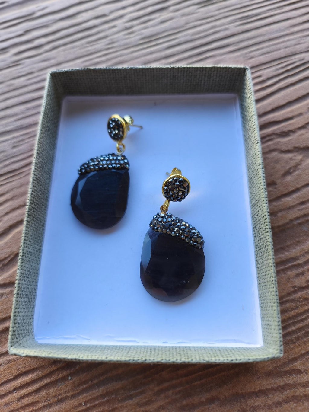 boucles semi précieuse quartz oeil de chat et strass