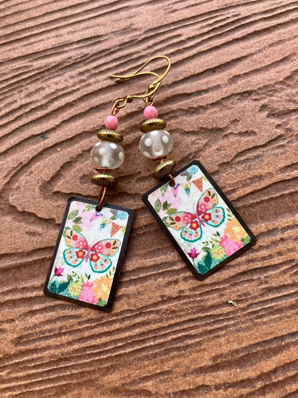 Boucles, boucles vintage, papillon, verre filé, laiton peint