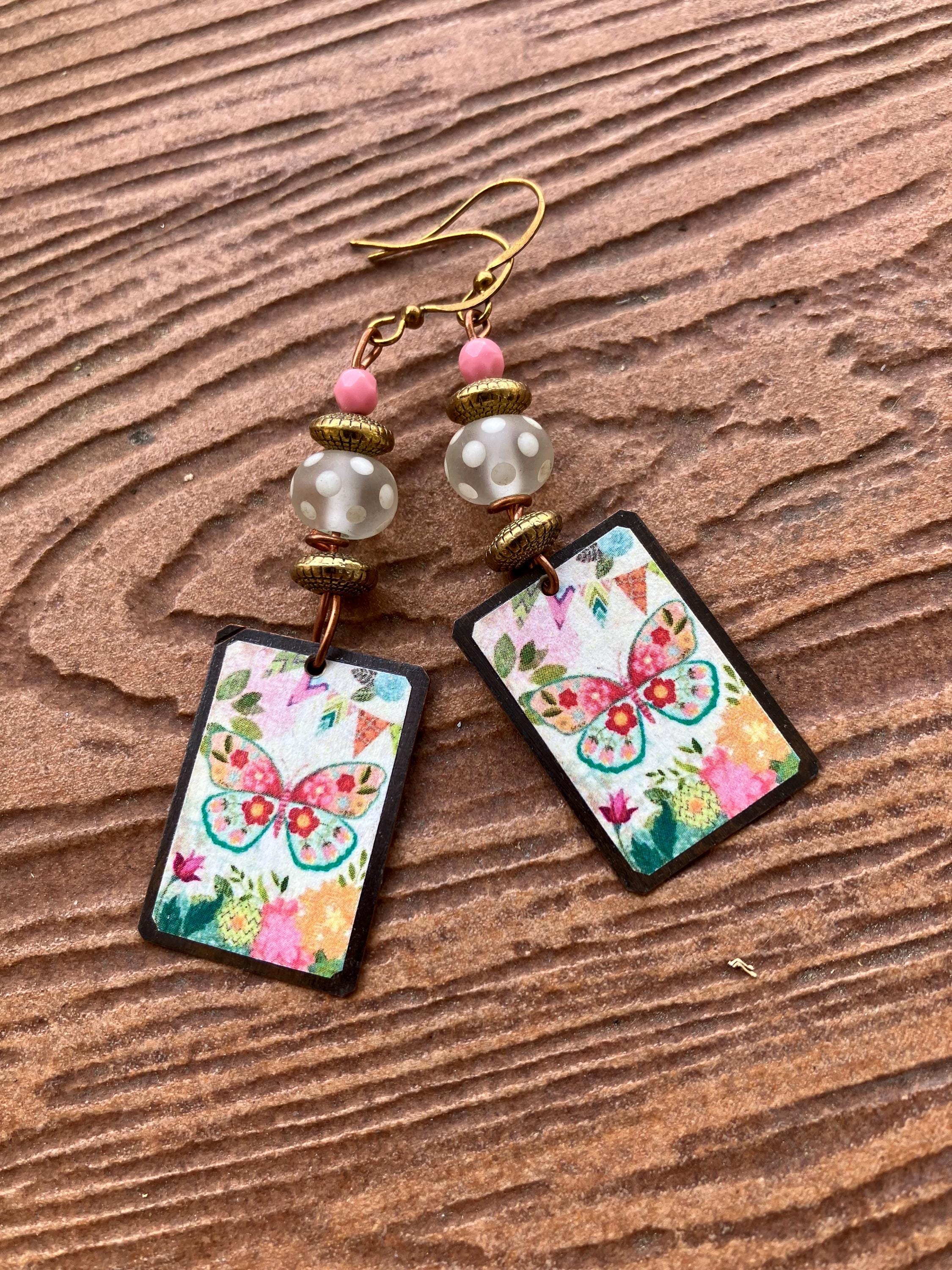 Boucles, boucles vintage, papillon, verre filé, laiton peint