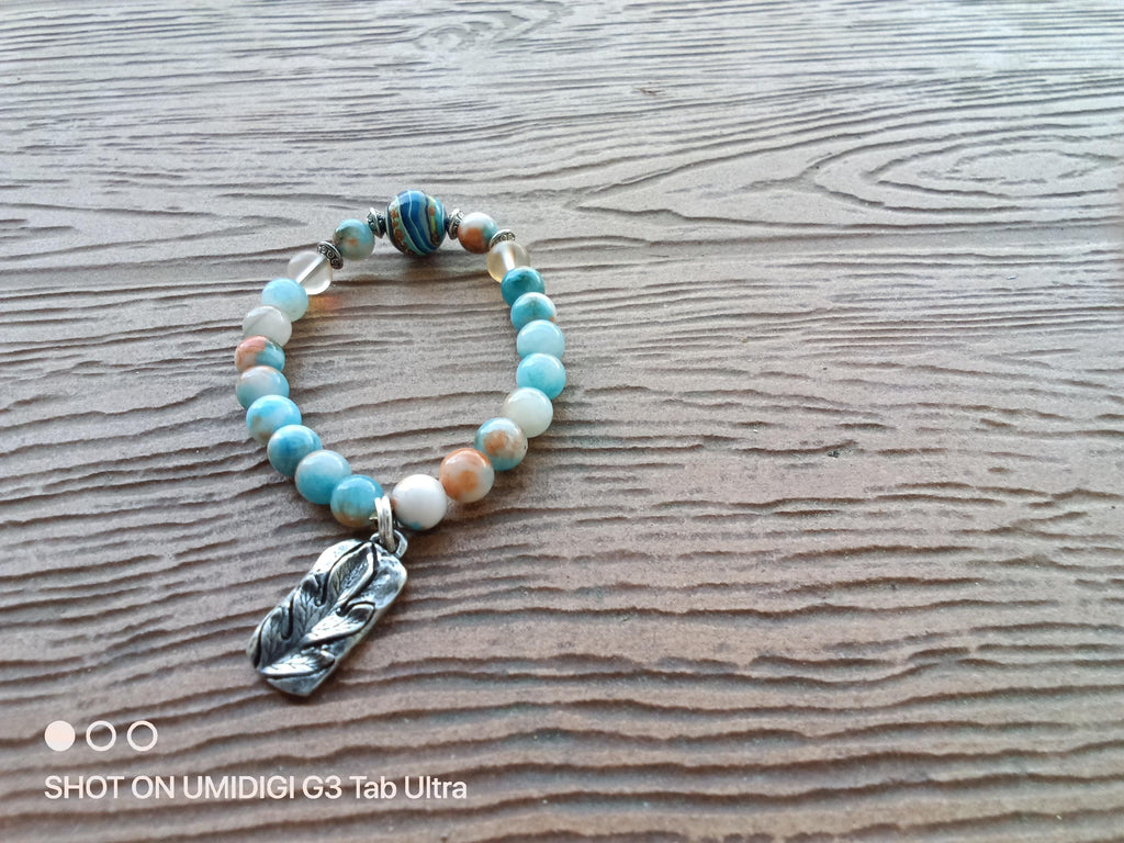 Bracelet semi précieuse calcédoine de Perse blanc bleu orange, bracelet fête des meres