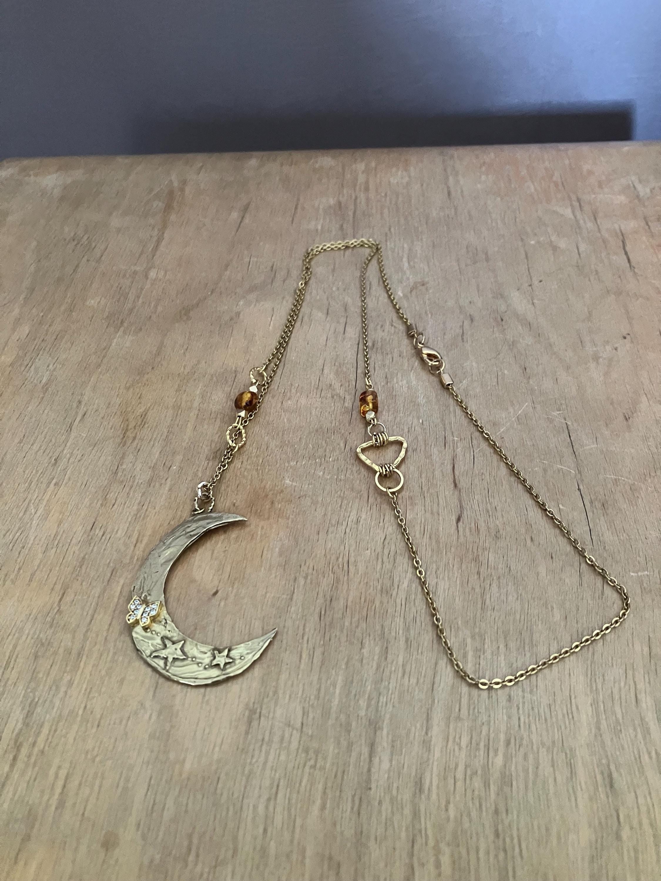 Sautoir, long sautoir moderne, plaqué or 18k avec lune, bronze massif, pierres semi précieuse, ambre de la baltique