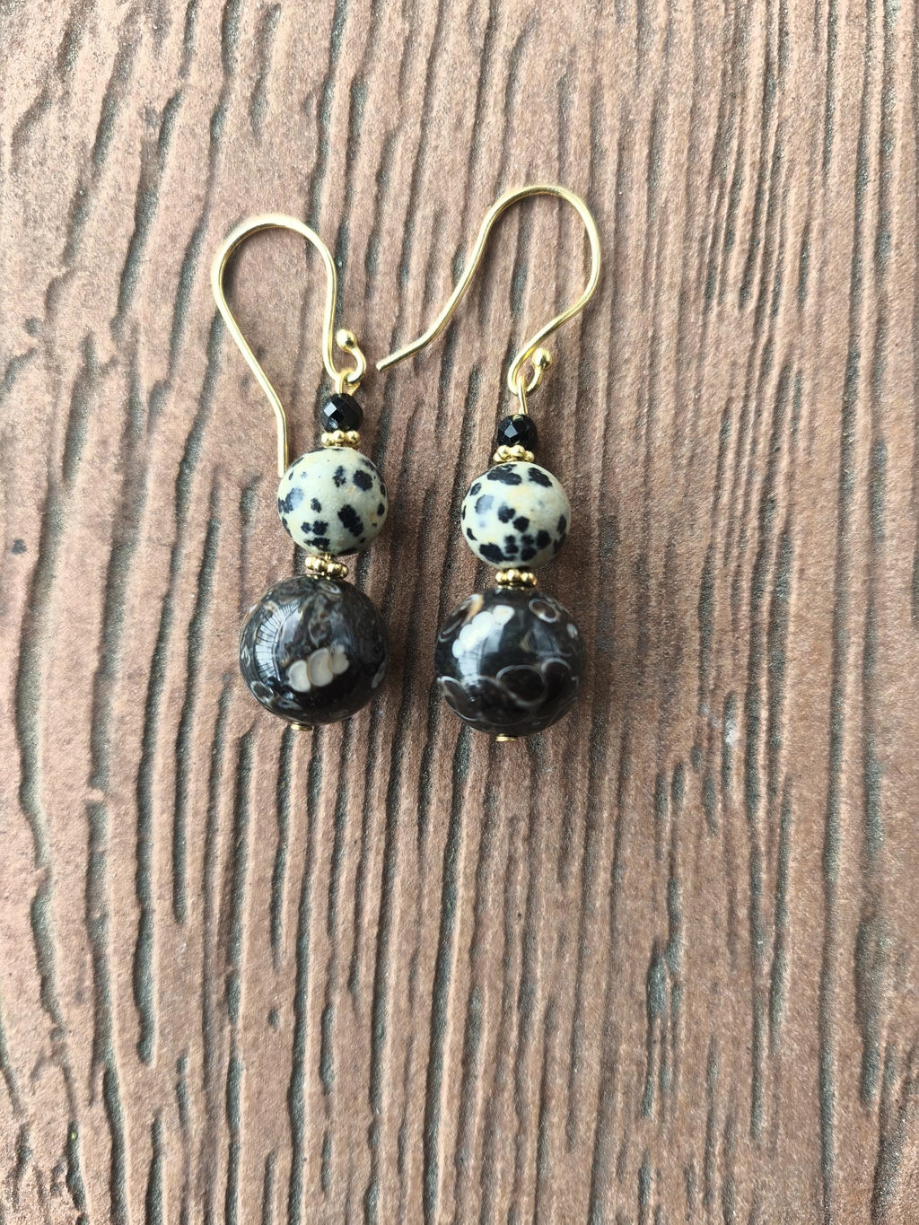 boucles semi précieuse, boucles en jaspe dalmatien, obsidienne flocon de neige café, boucles ethniques