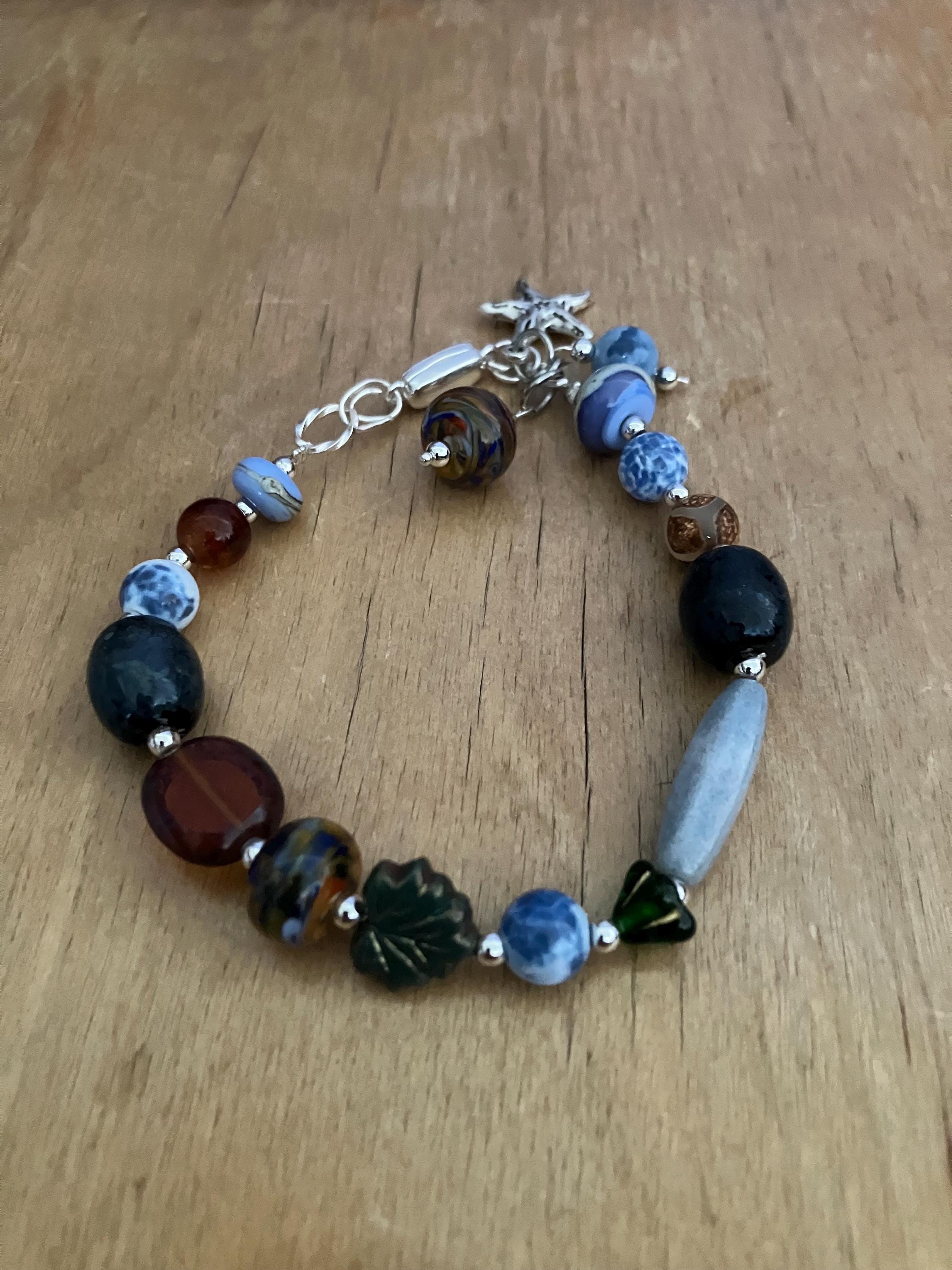 Bracelet, bracelet été, bleu, orange, semi precieuse, agate feu, agate tibétaine, verre filé d art