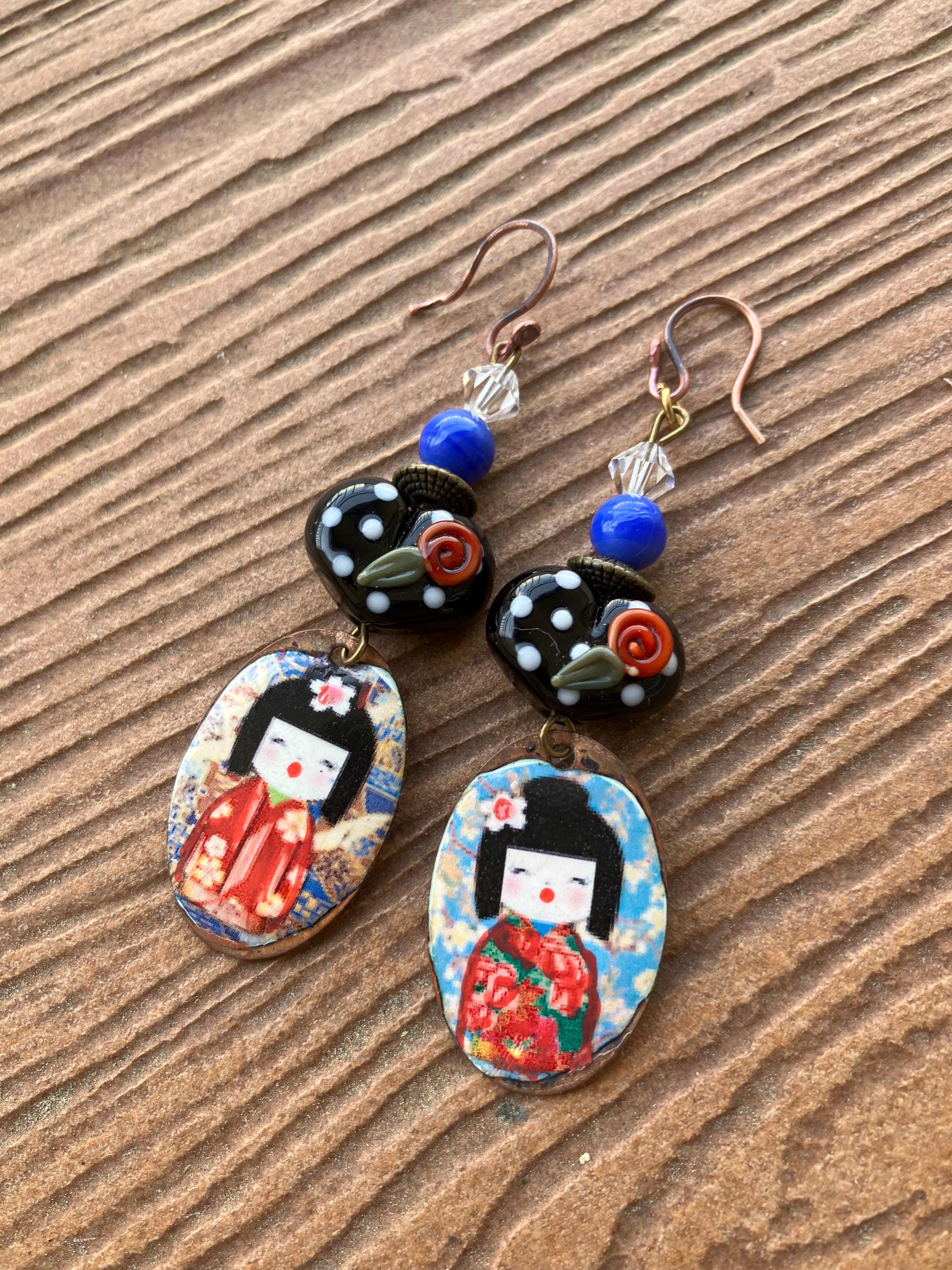 Boucles, boucles cuivre émaillé, boucles japonaises, originales, boucles coeur, boucles vintage