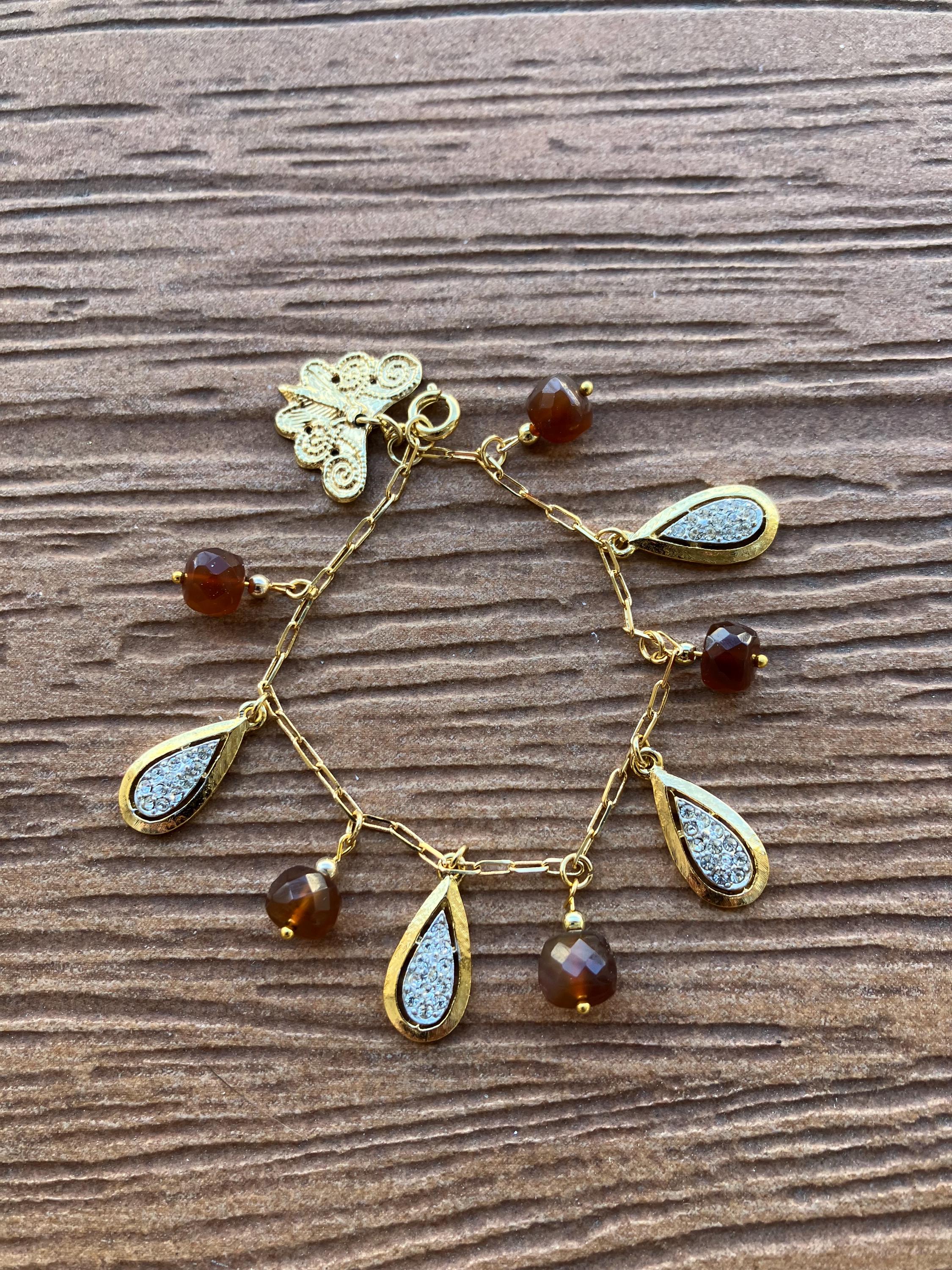 Bracelet chaîne pampilles plaqué or vintage avec semi précieuse cornaline facettée