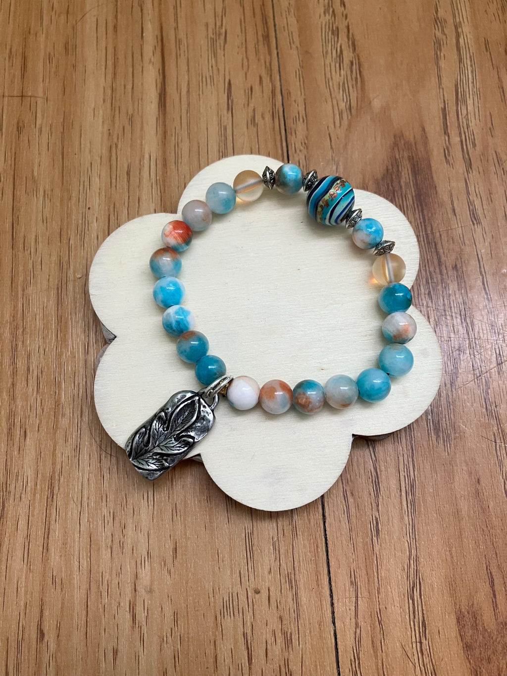 Bracelet semi précieuse calcédoine de Perse blanc bleu orange, bracelet fête des meres