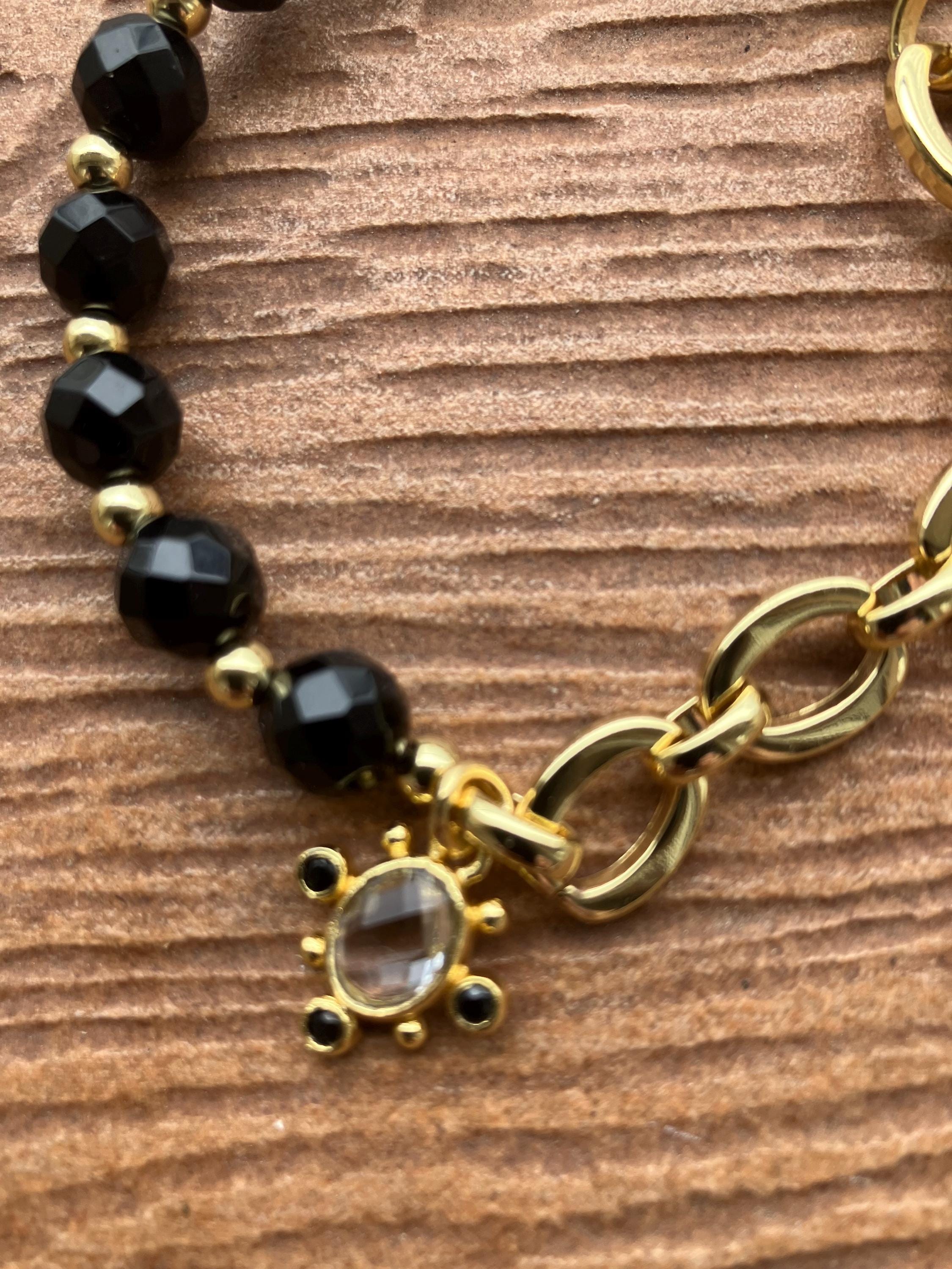 bracelet bi matière maille plaqué or et semi précieuse onyx noir facette