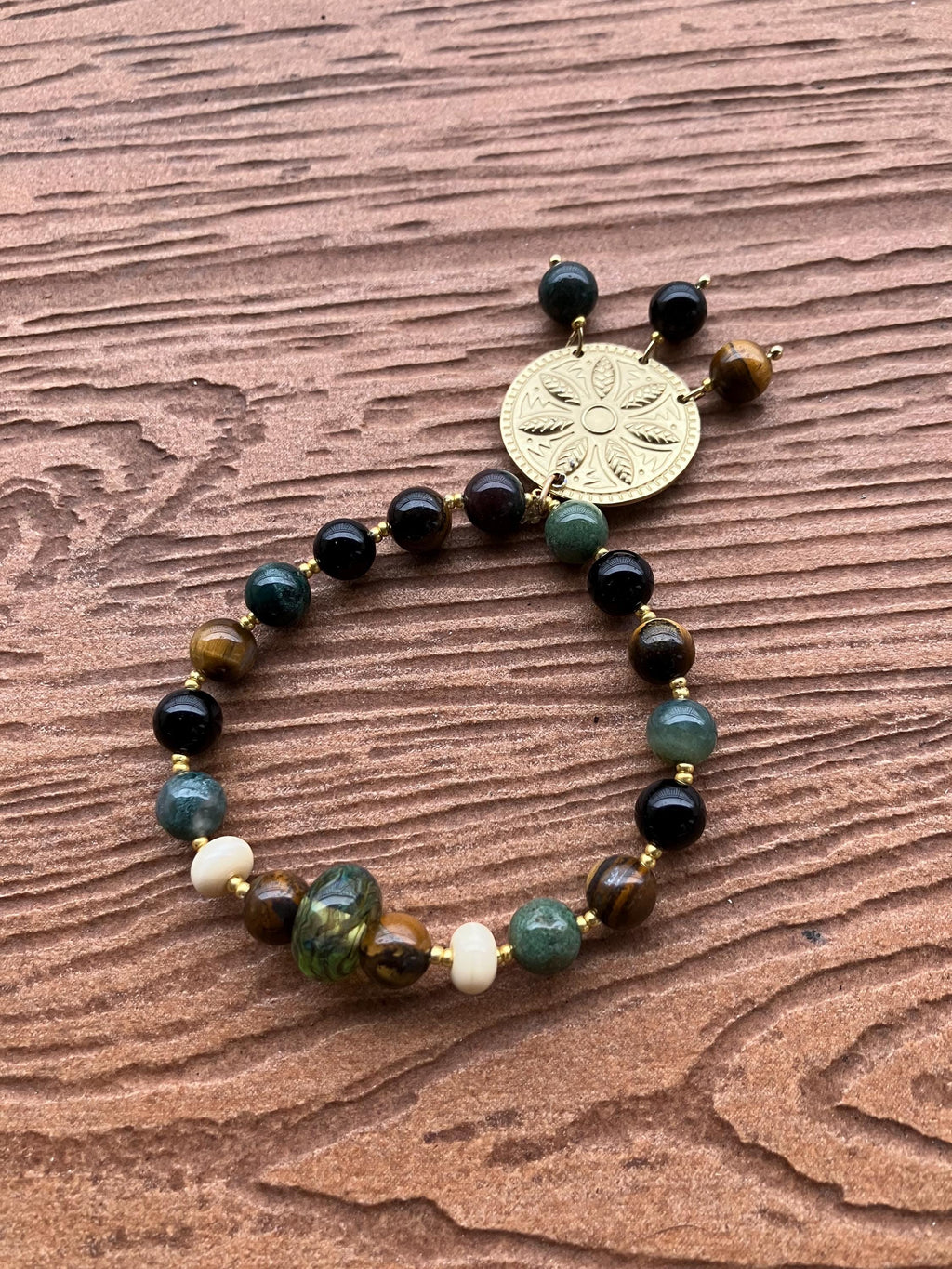 bracelet original perles semi précieuse onyx noir, œil de tigre, agate tibétaine