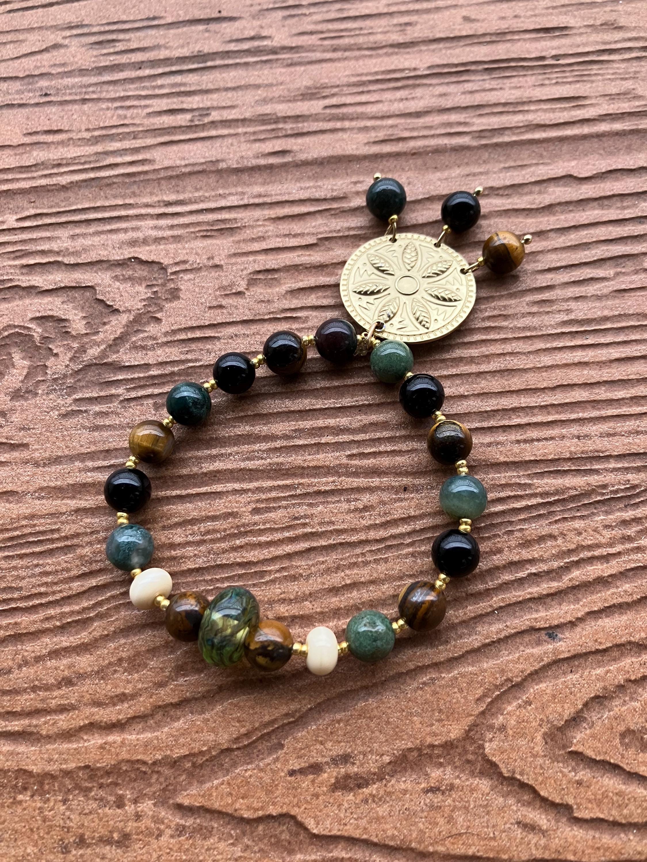 bracelet original perles semi précieuse onyx noir, œil de tigre, agate tibétaine