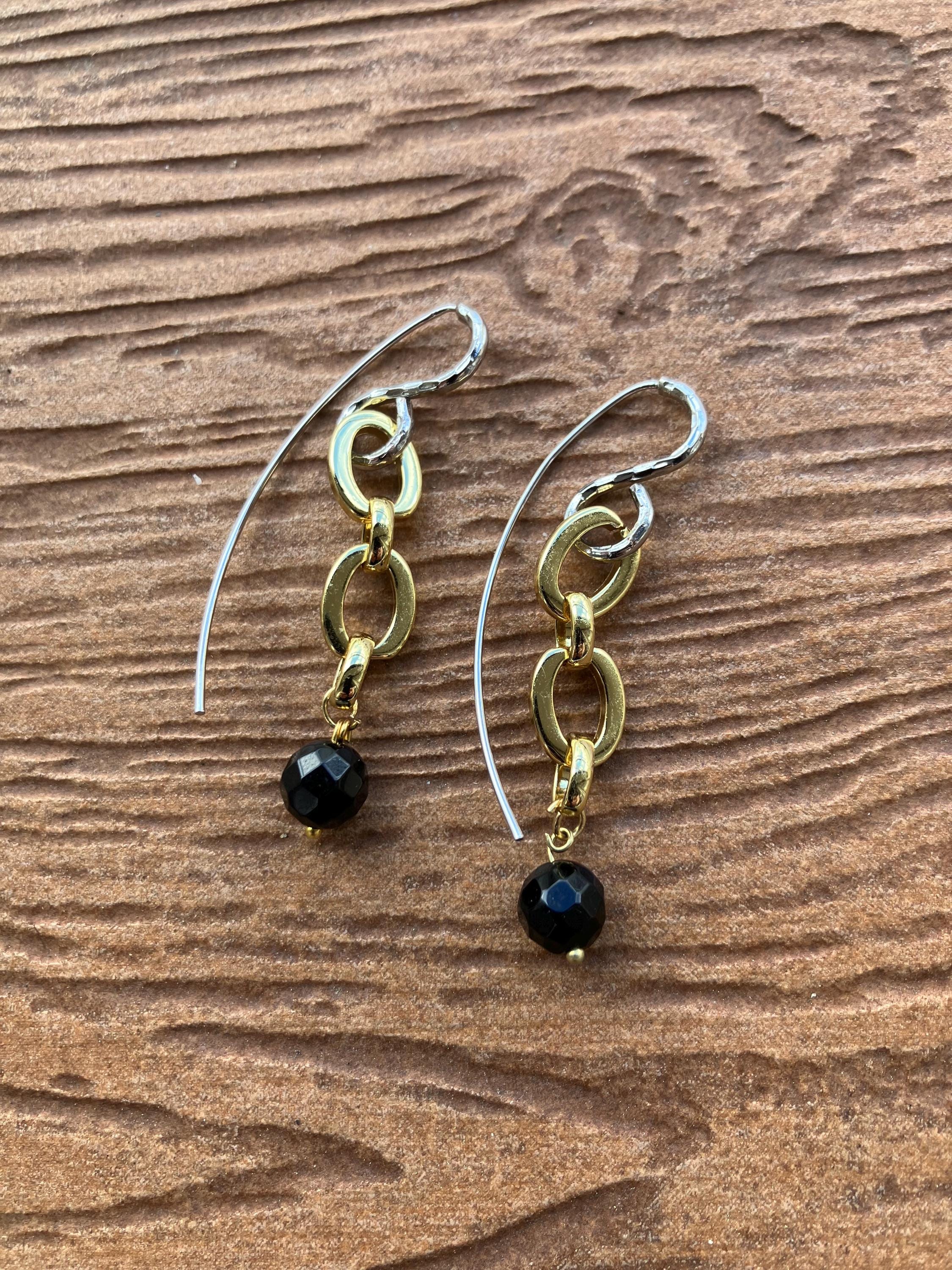 Boucles modernes originales en argent, plaqué or et semi précieuse onyx noir facette