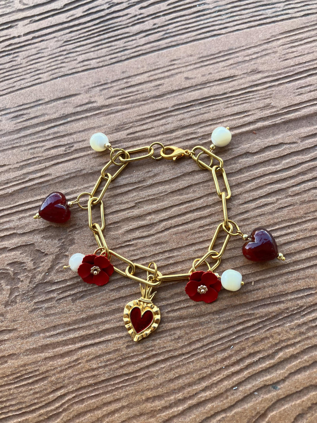 bracelet breloques en acier inoxydable, verre de murano, perles de nacre naturelles et plaqué or