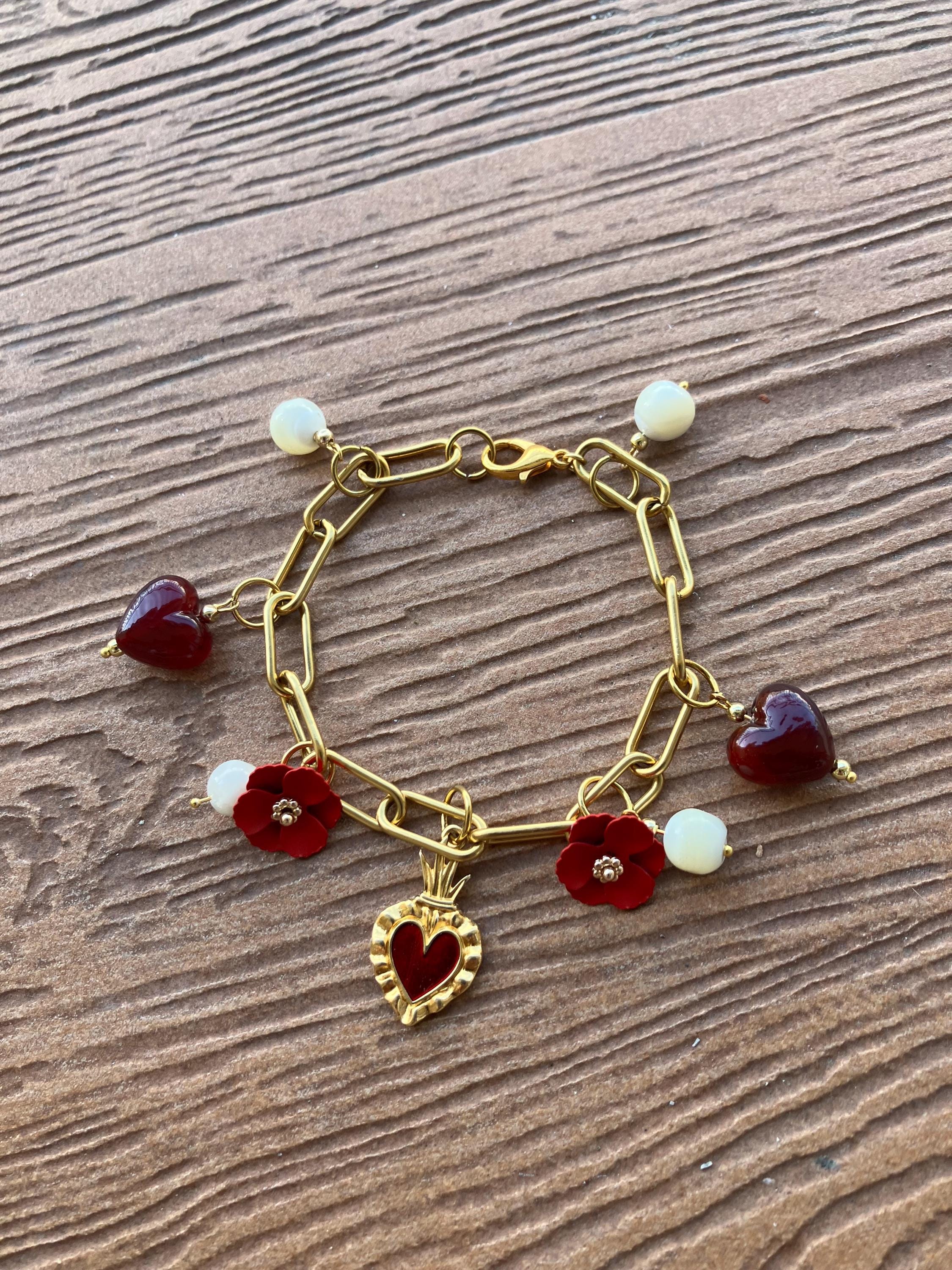 bracelet breloques en acier inoxydable, verre de murano, perles de nacre naturelles et plaqué or