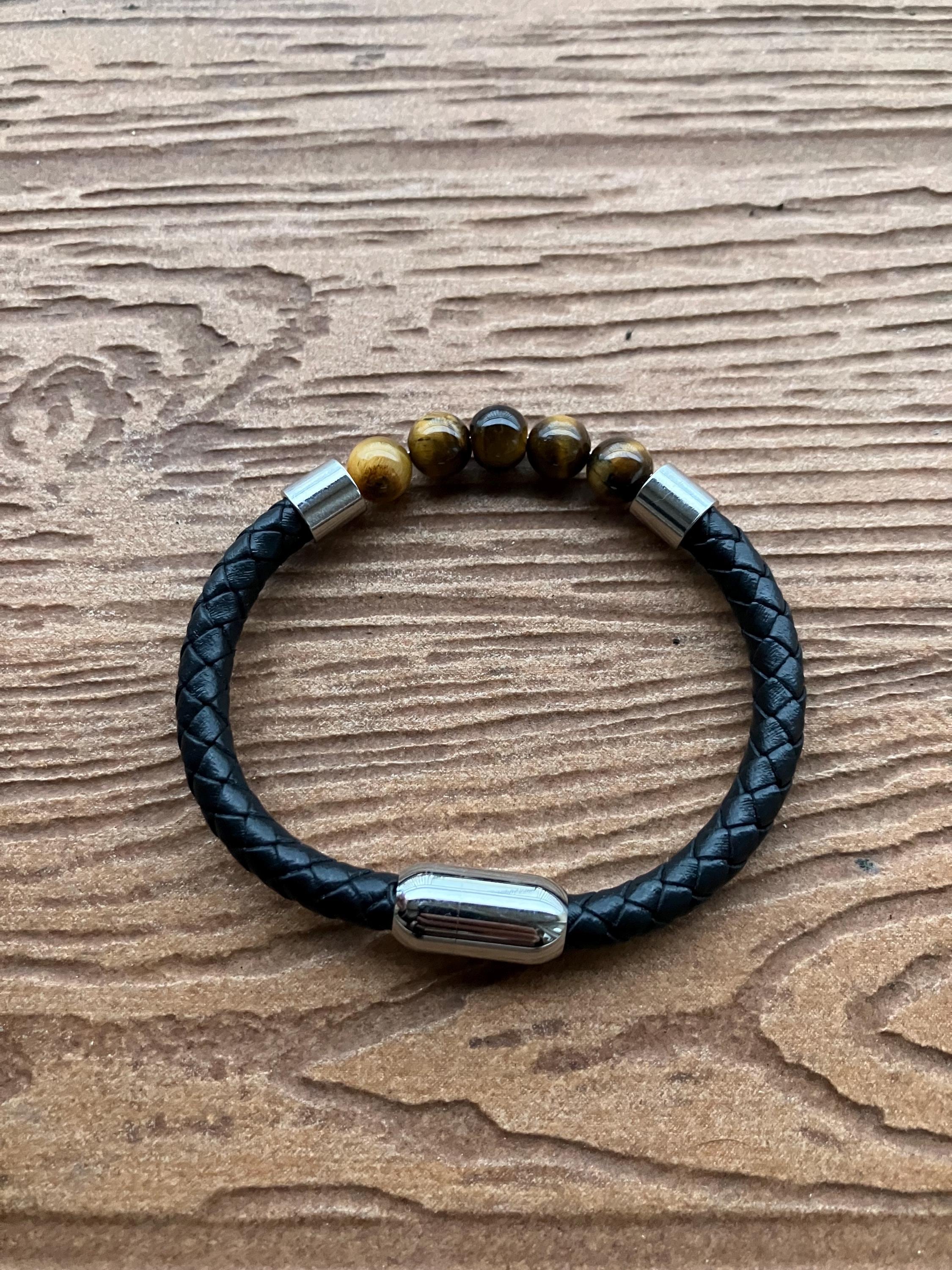 bracelet cuir et semi précieuse œil de tigre