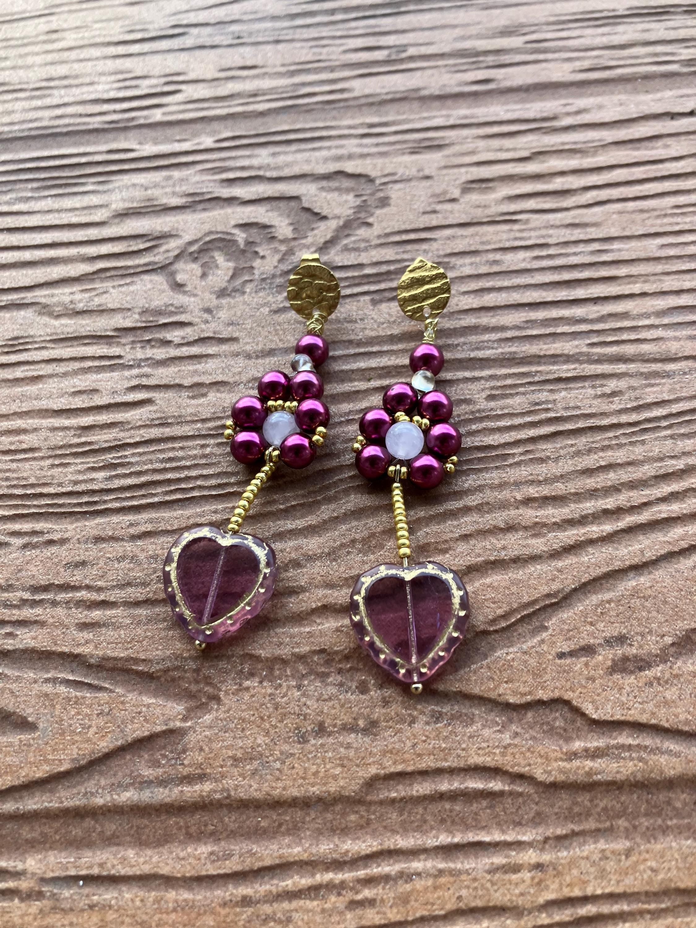boucles fleur et cœur artistique en verre Picasso tchèque et semi précieuse quartz rose