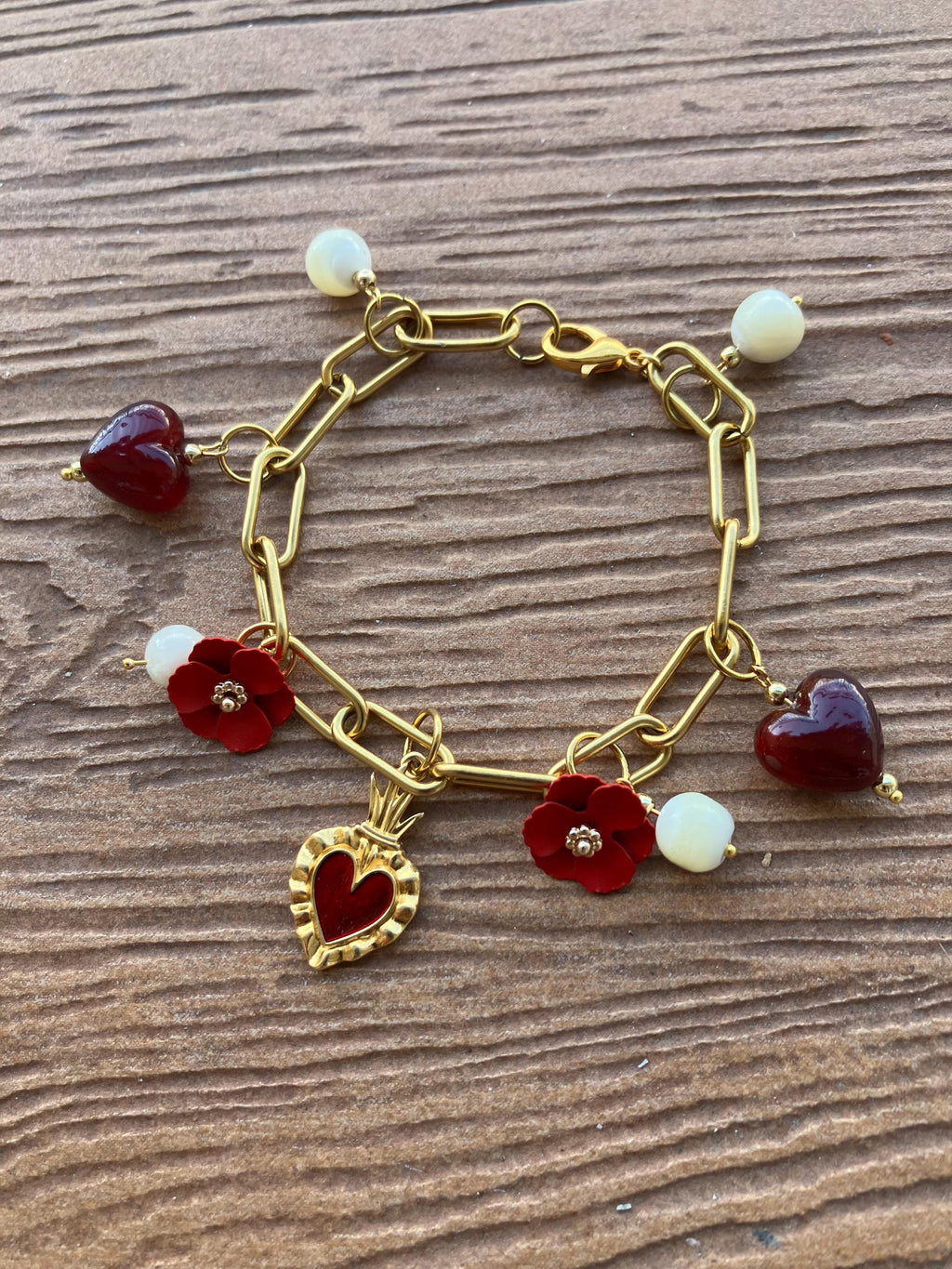 bracelet breloques en acier inoxydable, verre de murano, perles de nacre naturelles et plaqué or